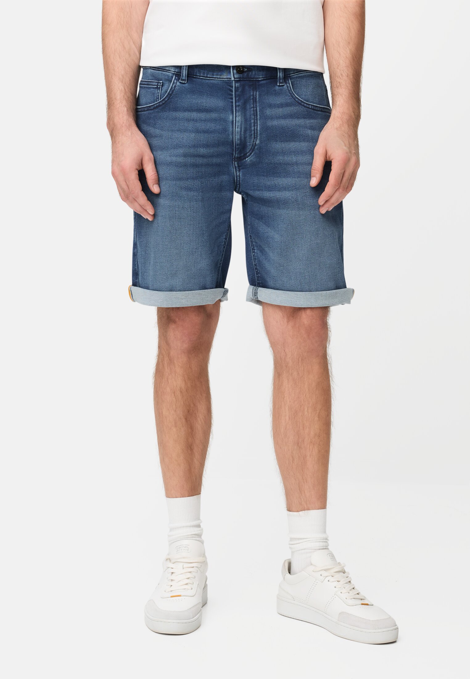 Men fleXXXactive® Jeans shorts made from cotton blend Indigo Blue worn front