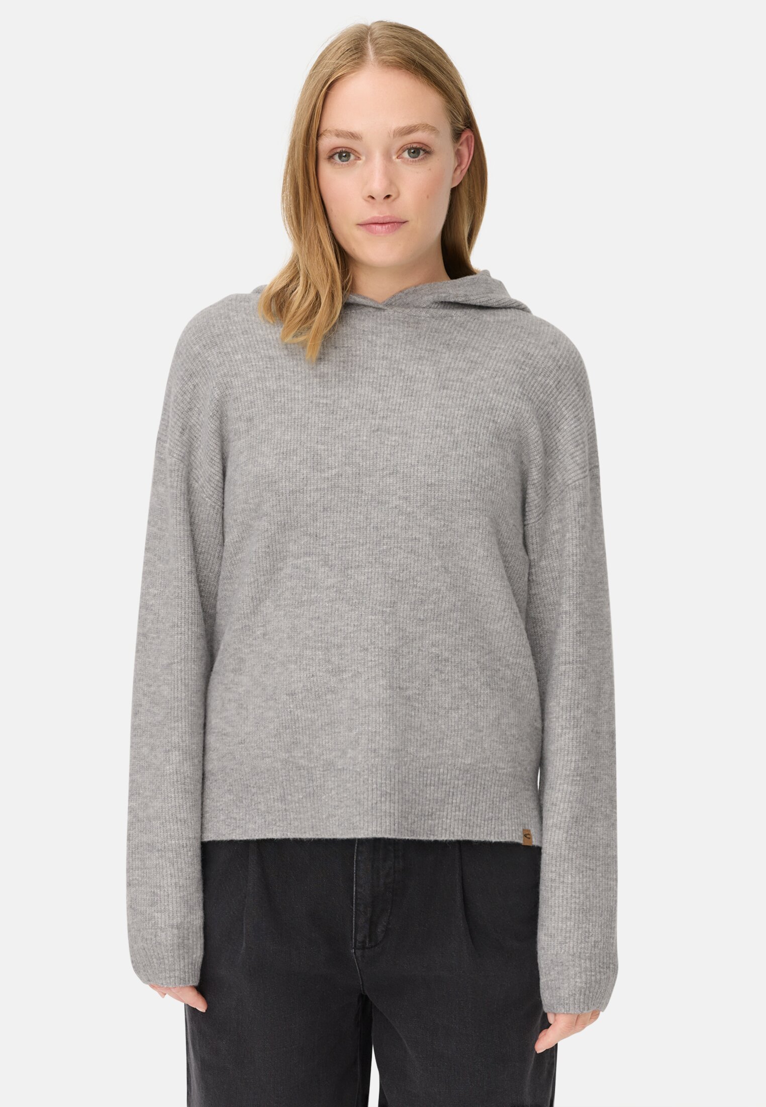 Women Knitted sweater with hood Gray worn front