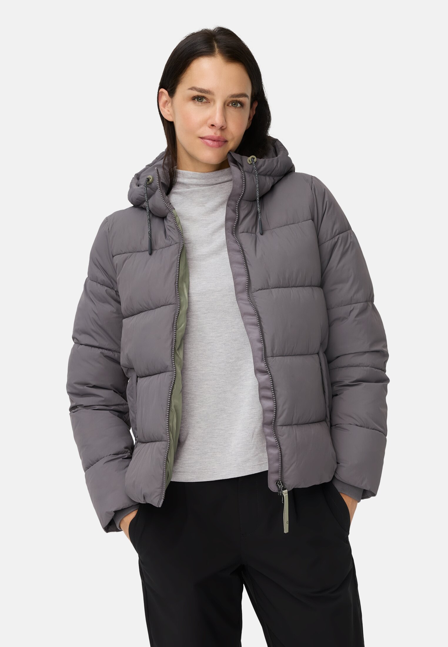 Damen Pufferjacke mit Kapuze Schiefer getragen vorn