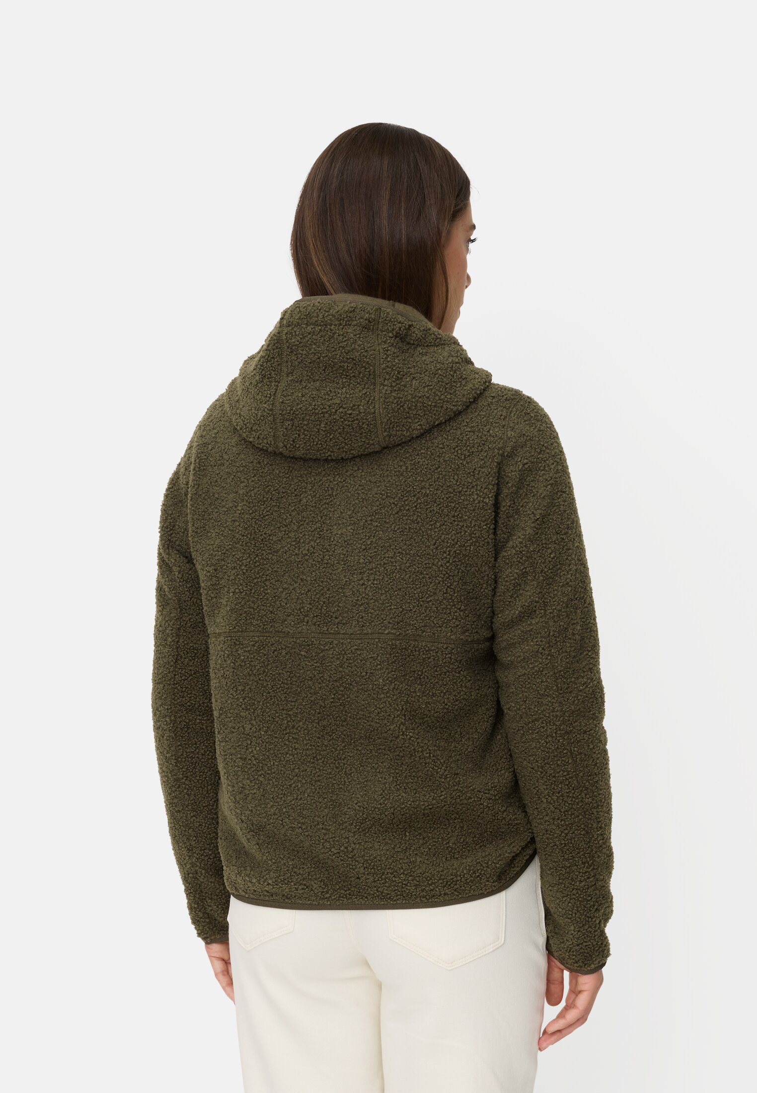 Damen Teddyjacke mit wärmenden Taschenfutter Dunkelgrün getragen hinten