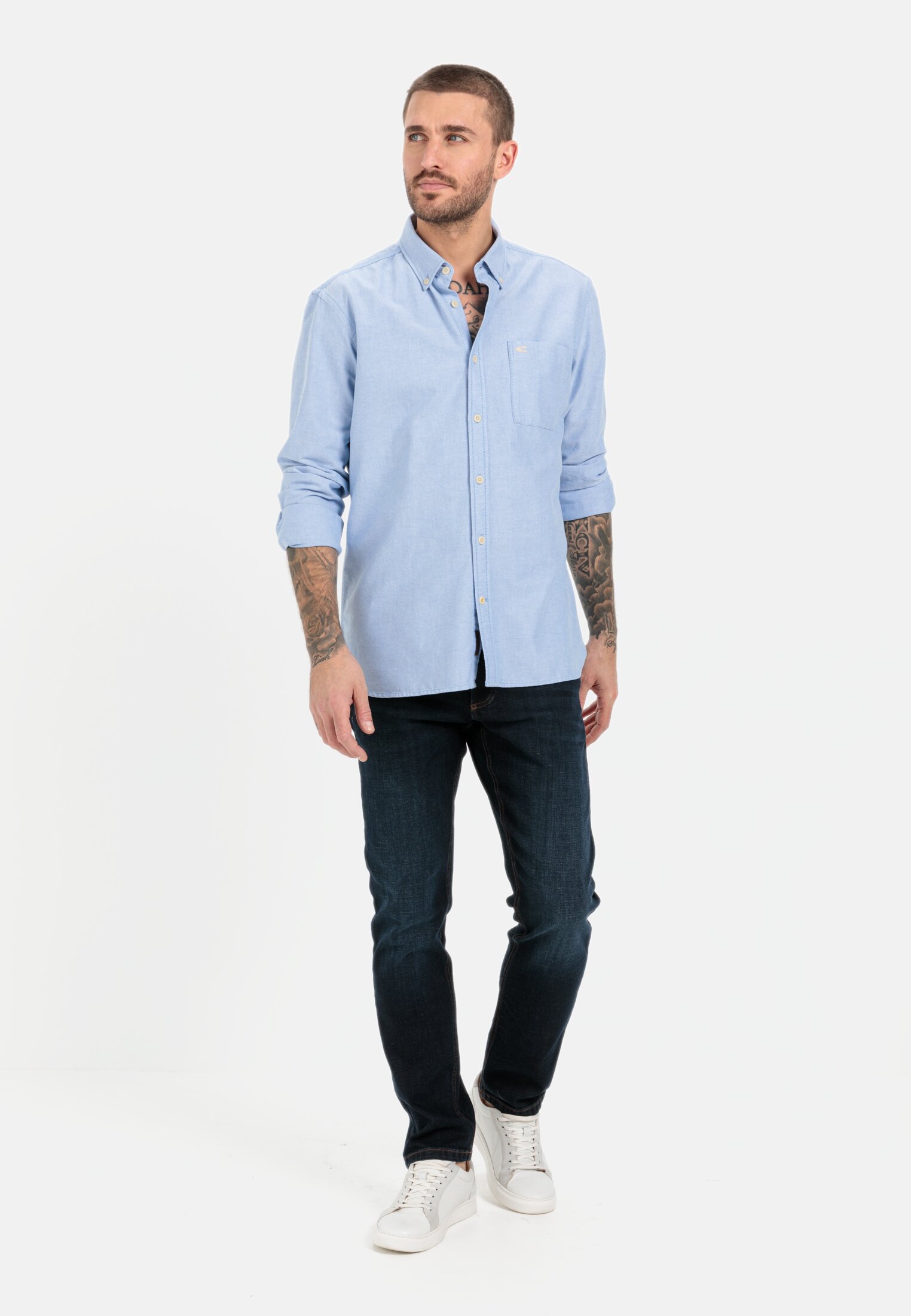 Men Oxford shirt made from certified organic cotton Light blue worn front full body