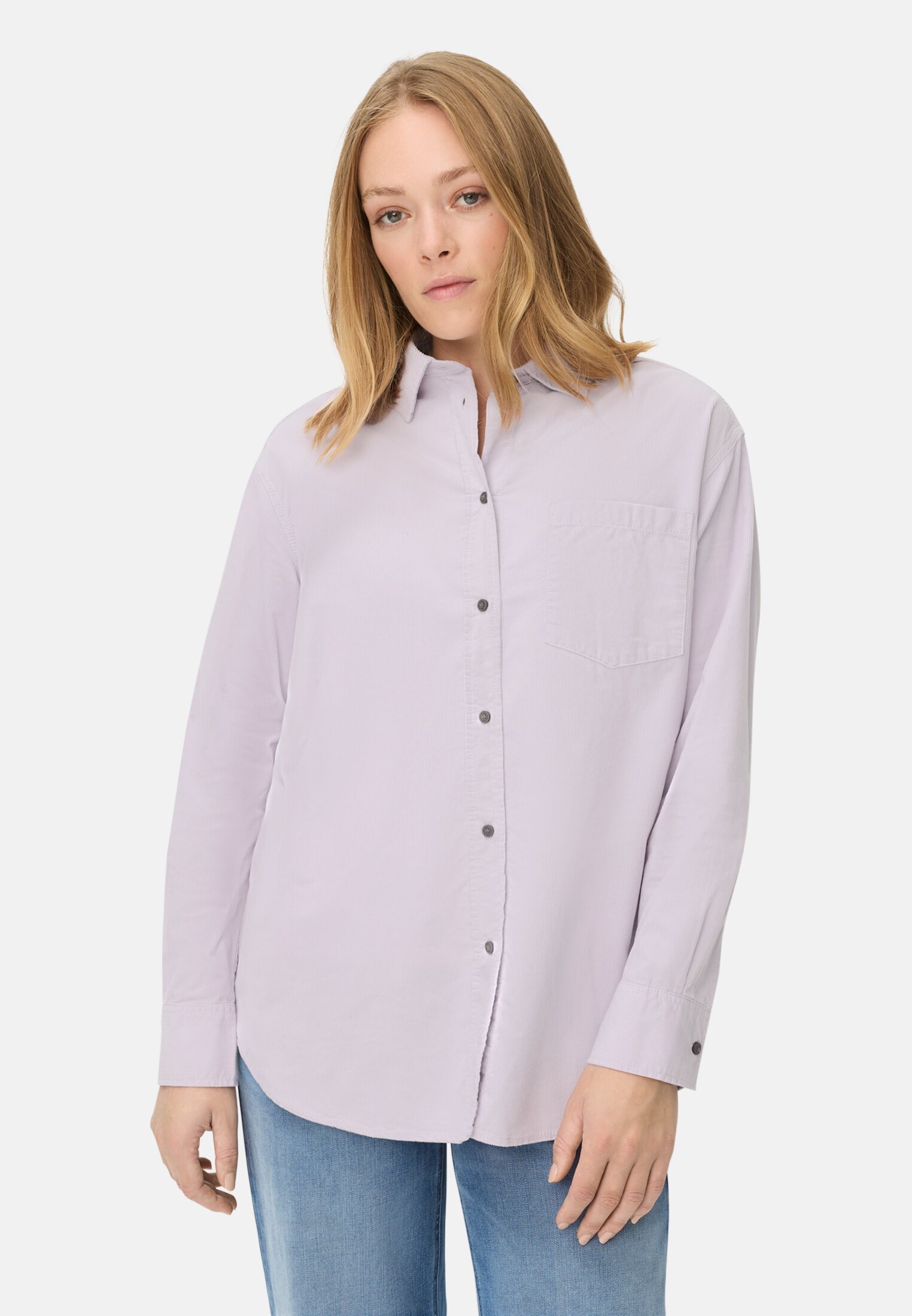 Women Blouse with chest pocket Purple worn front