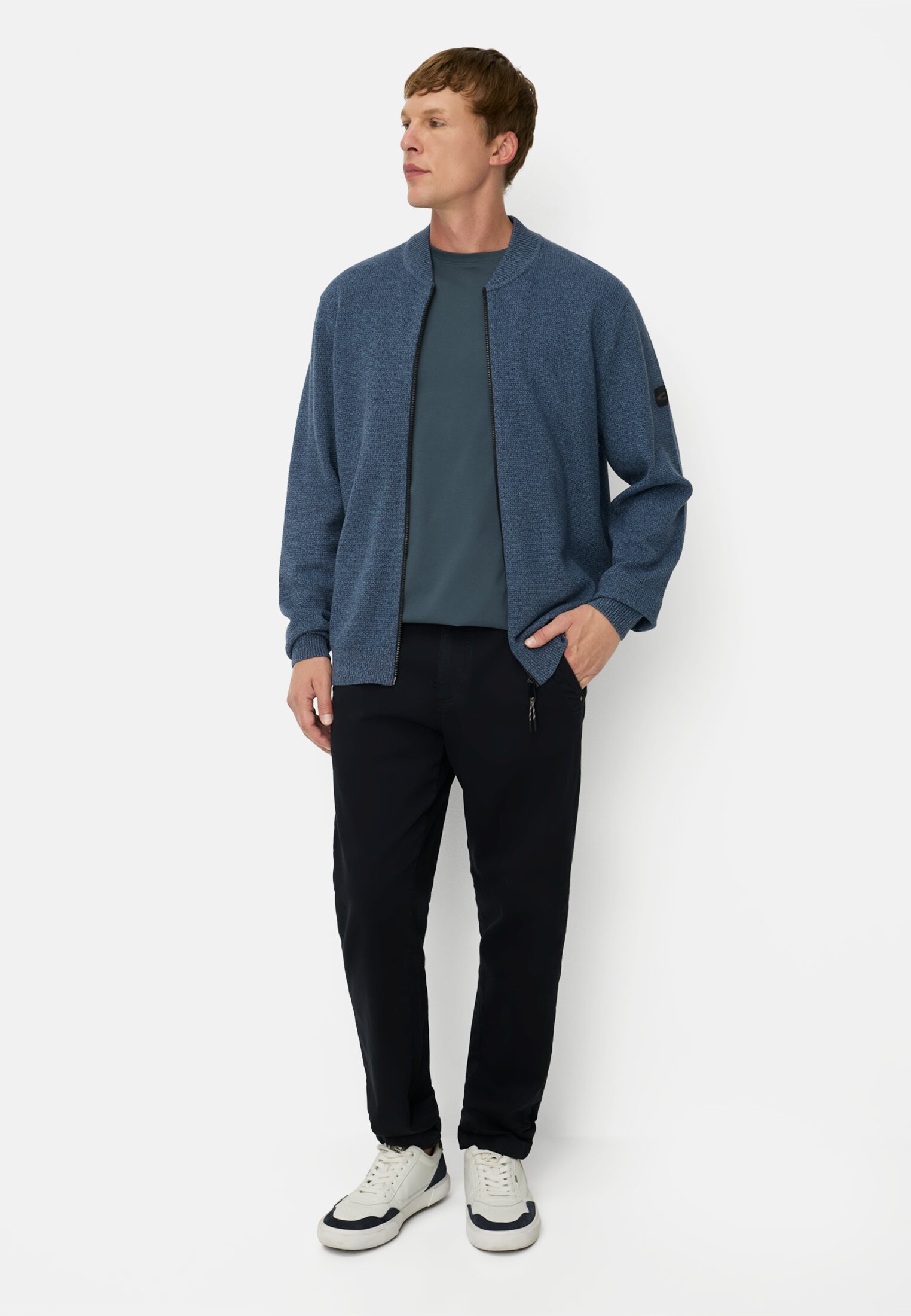 Men Cardigan with bomber collar Ink blue worn front full body