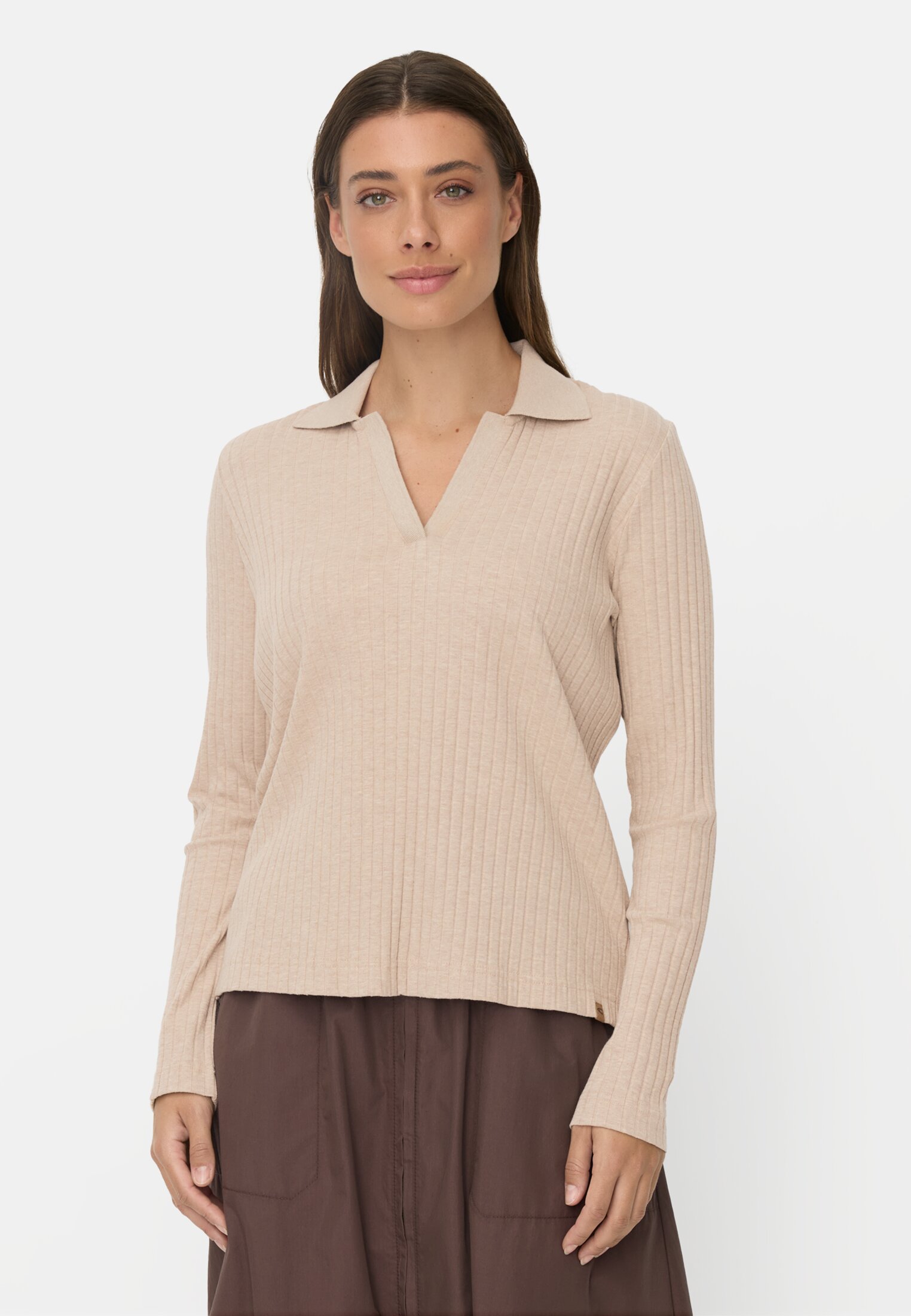 Vrouwen Jerseyshirt met geribbelde kraag Beige gedragen voor
