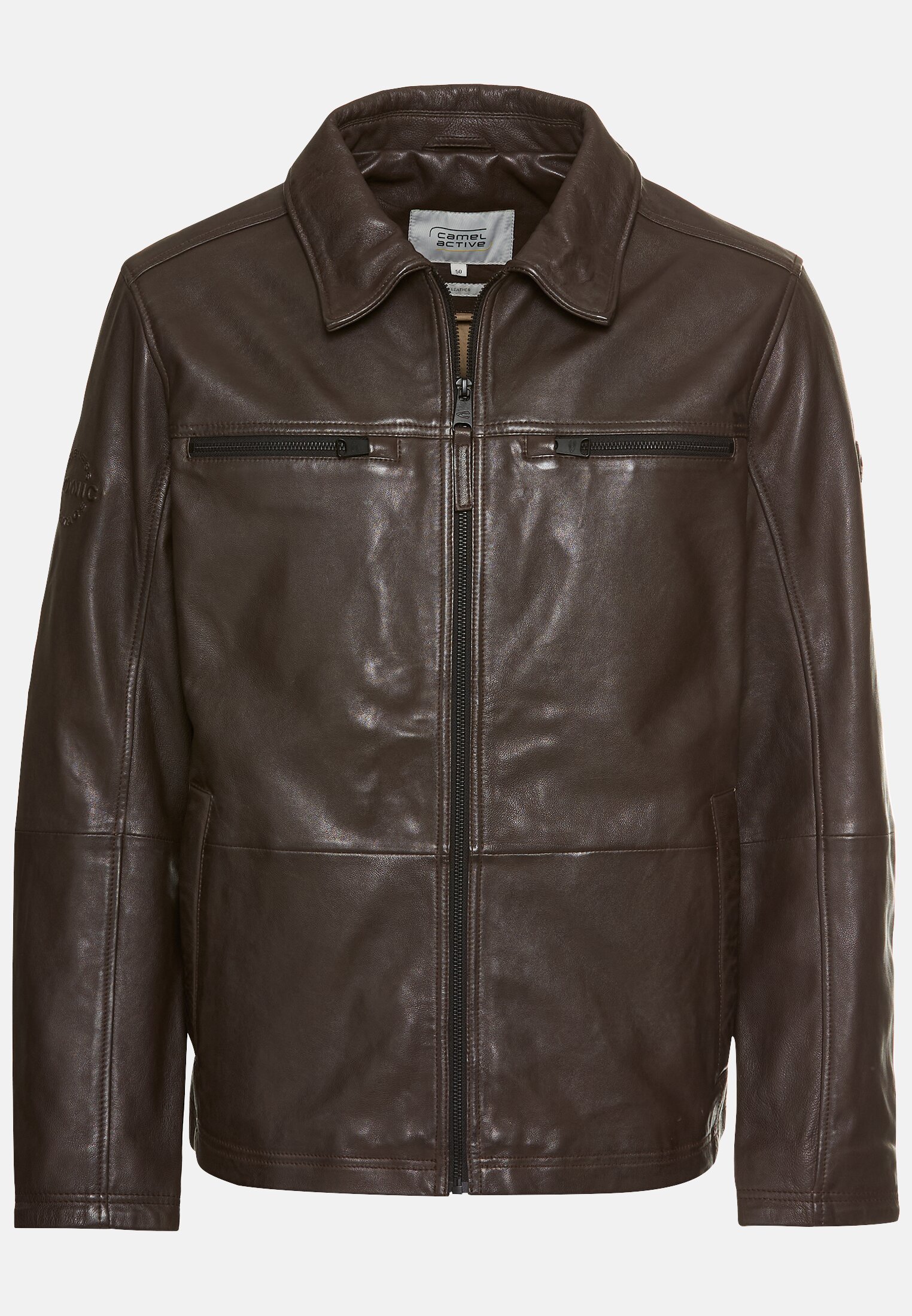 Men Leather Blouson with shirt collar Brown frontal front