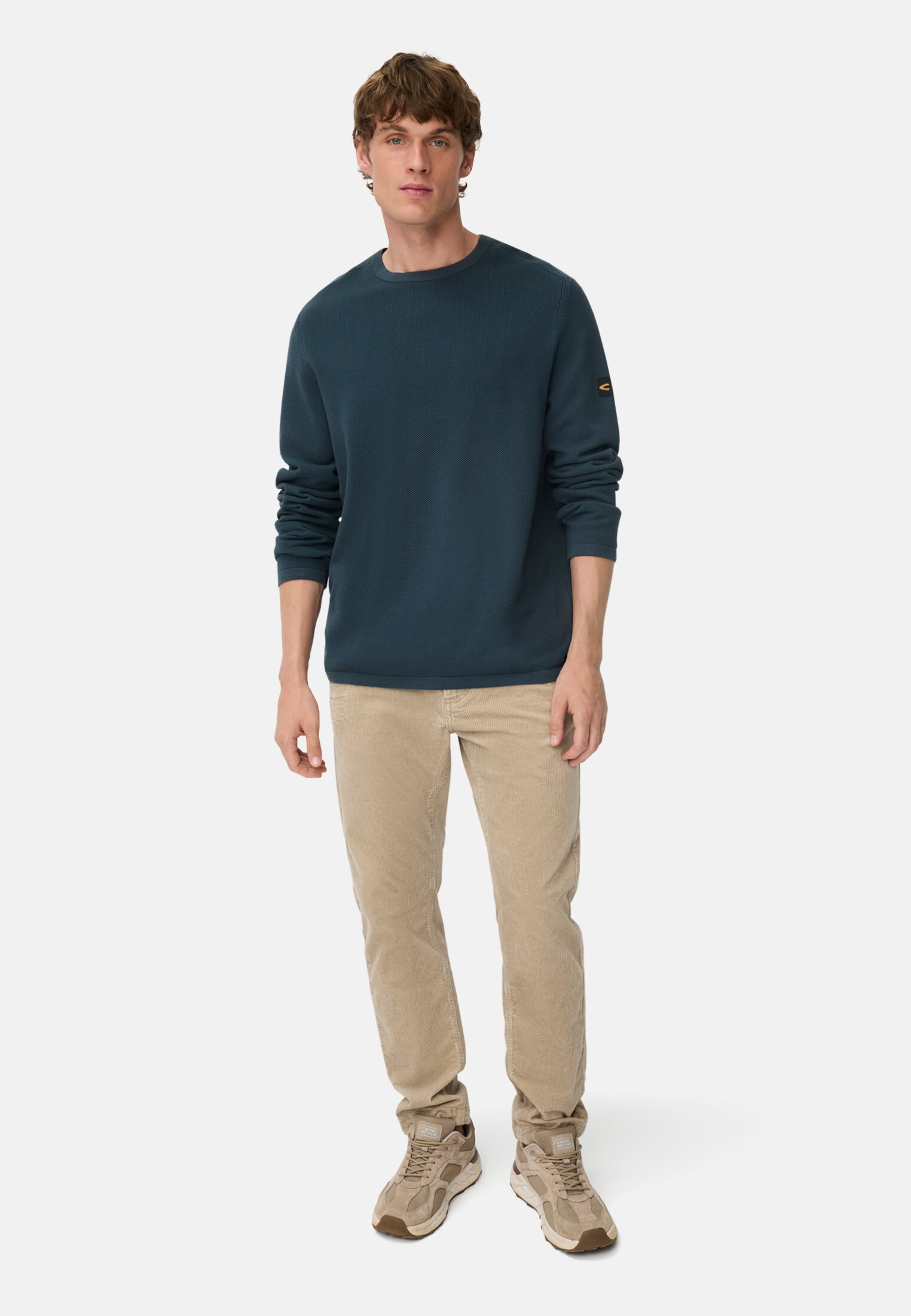 Herren Pullover aus reiner Baumwolle Tintenblau getragen vorne Ganzkörper
