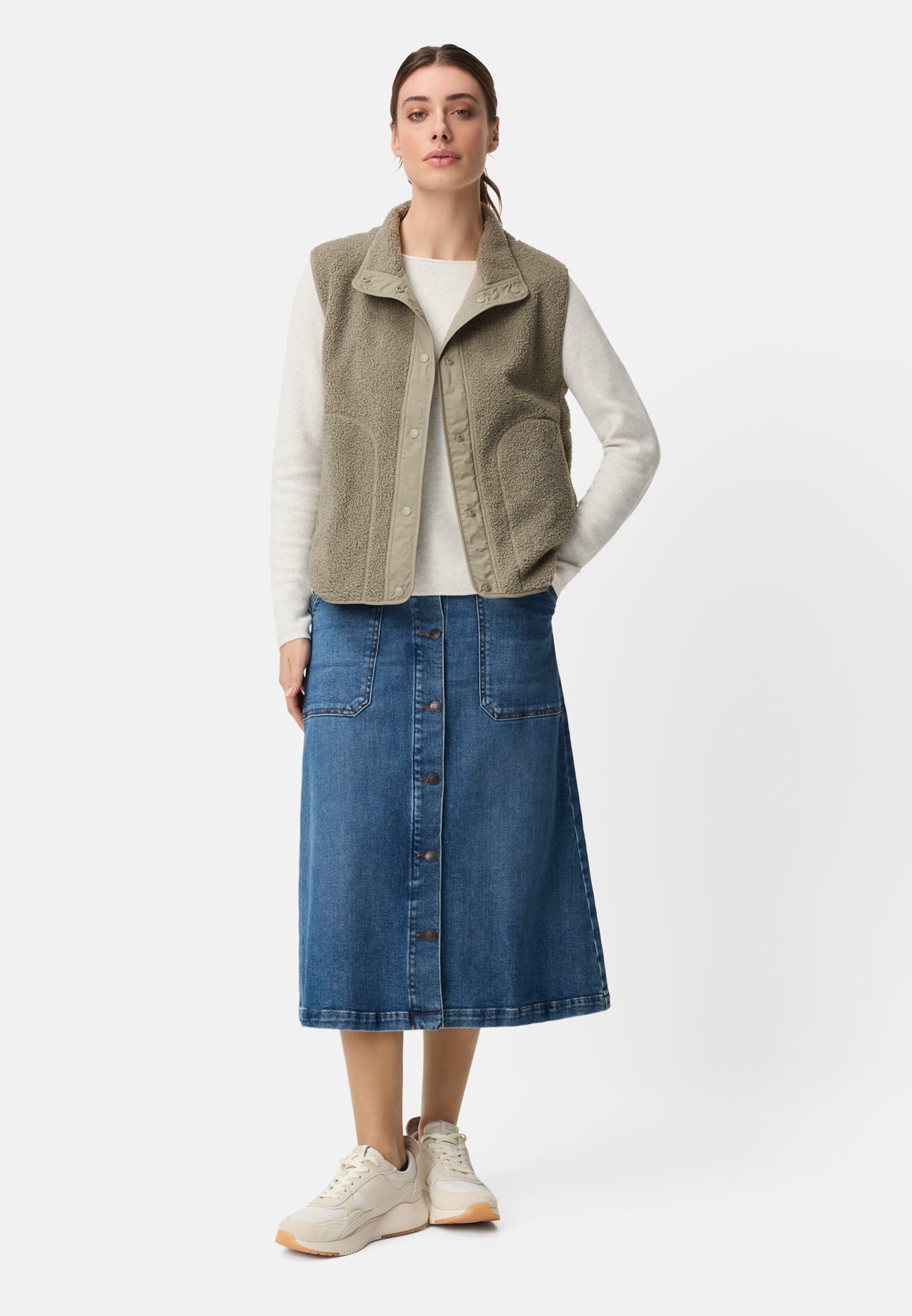 Vrouwen Teddyvest met opstaande kraag Salie gedragen voor lichaam compleet 