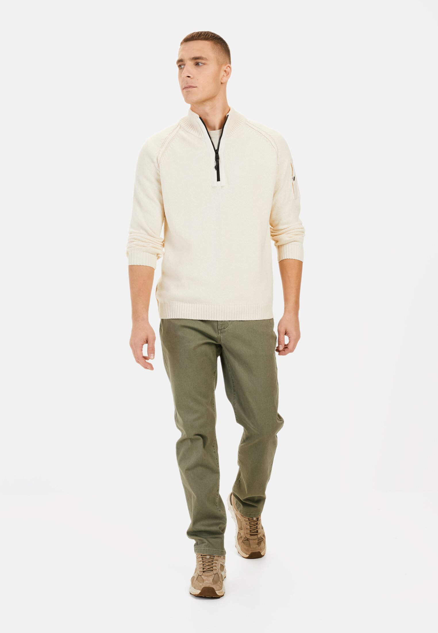 Men Relaxed Fit 5 Pocket Trousers Khaki worn front full body