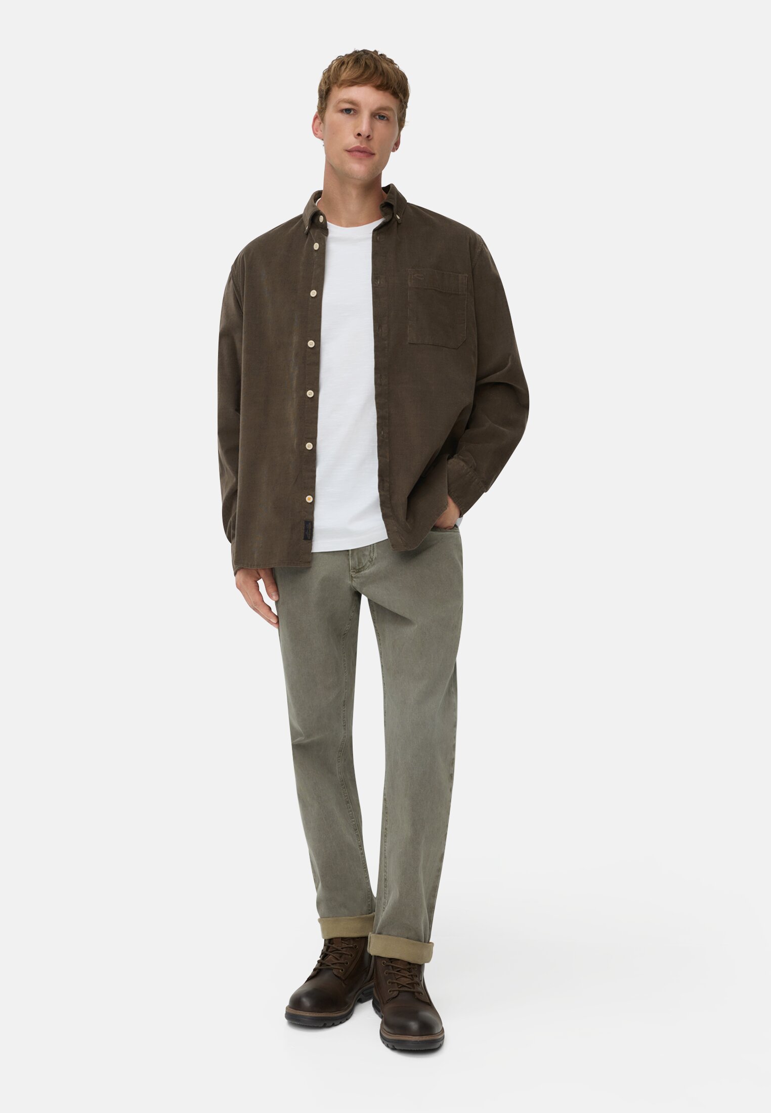Men fleXXXactive® long-sleeve shirt with button-down collar and chest pocket Dark brown worn front full body