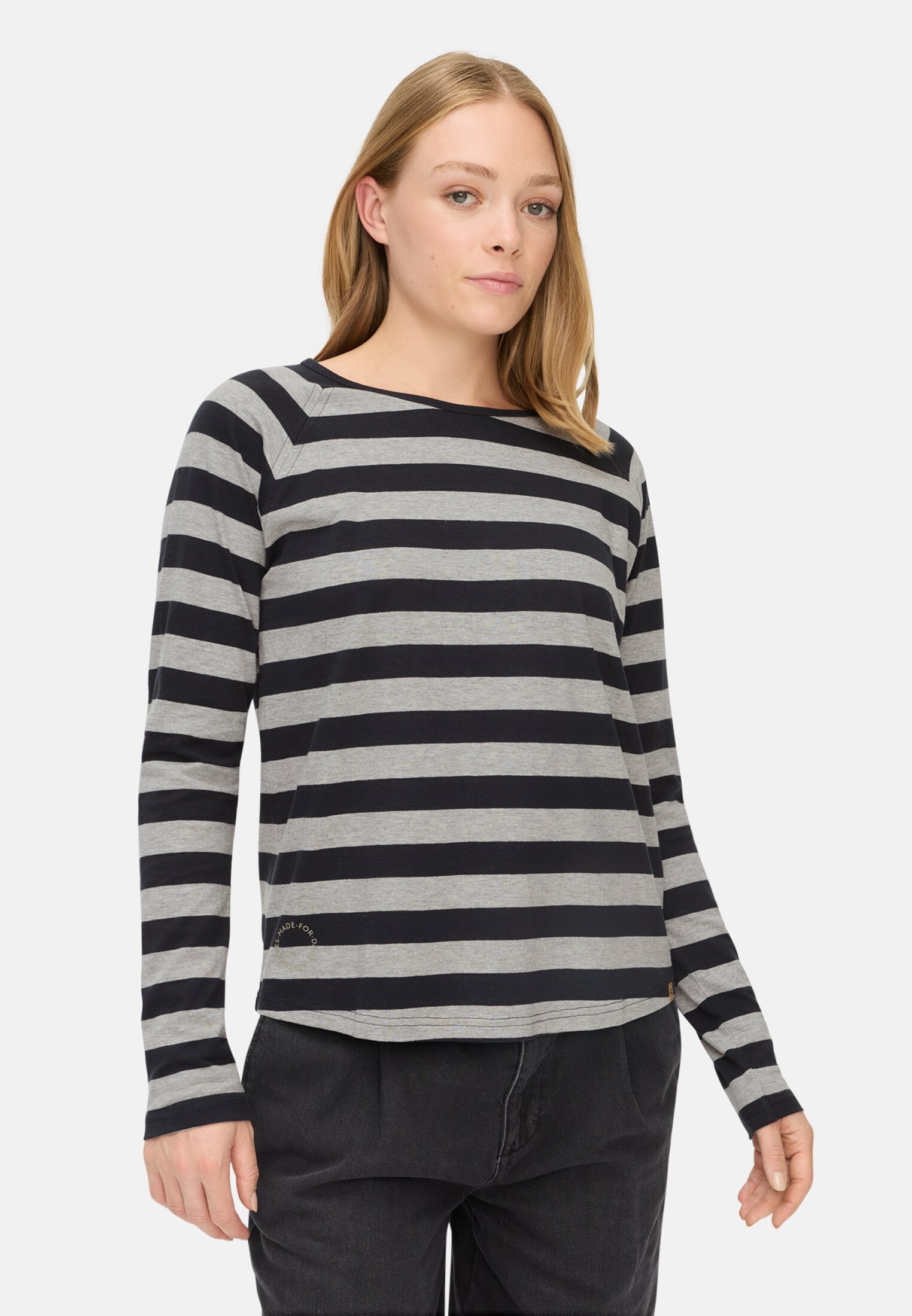 Damen Gestreiftes Langarmshirt mit Raglanärmeln Kaviar getragen vorn
