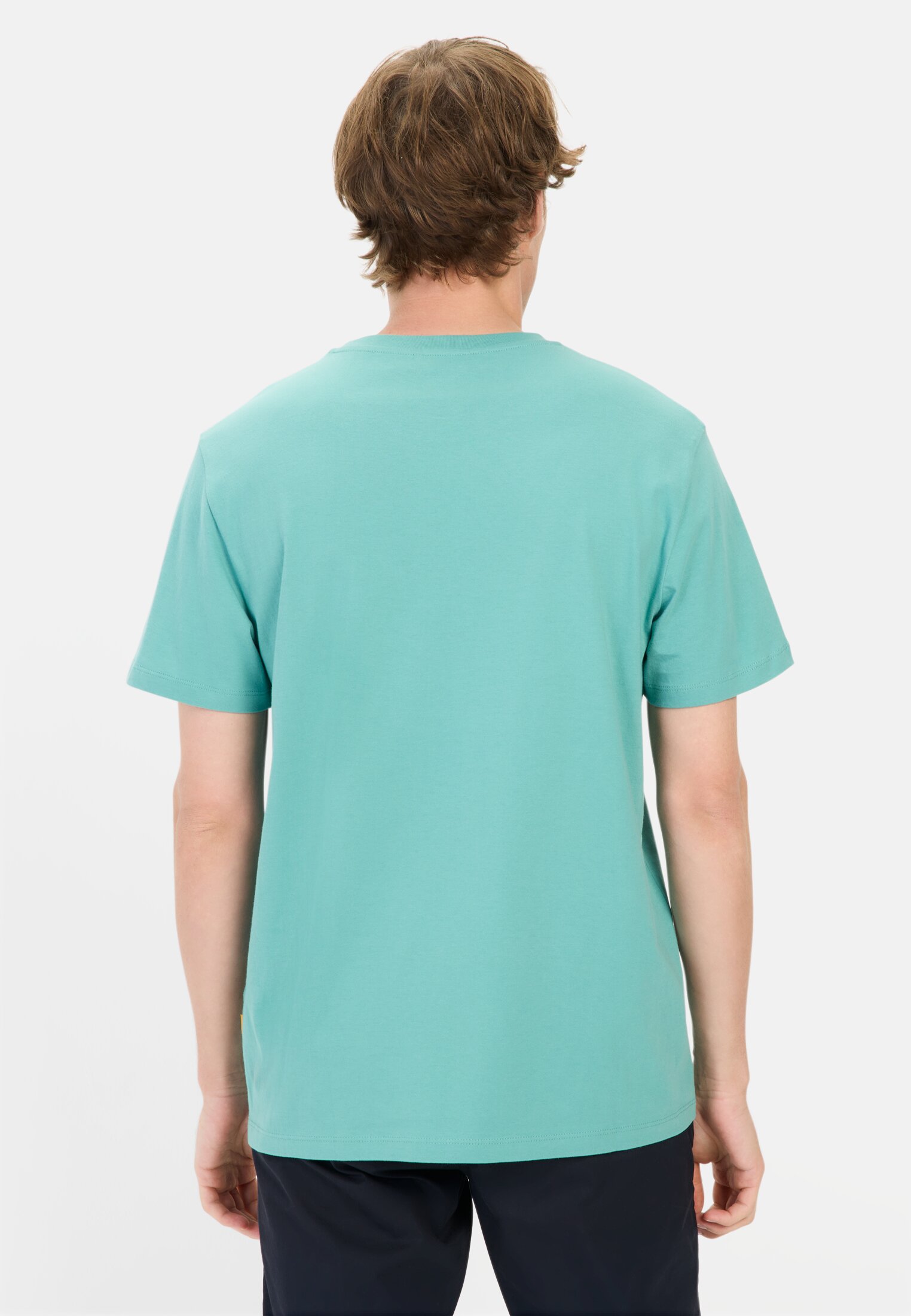 camelactive_T-Shirt_Agave_Green_409700-5T01-71_M2 Men Basic T-shirt made of pure cotton Turquoise worn back
