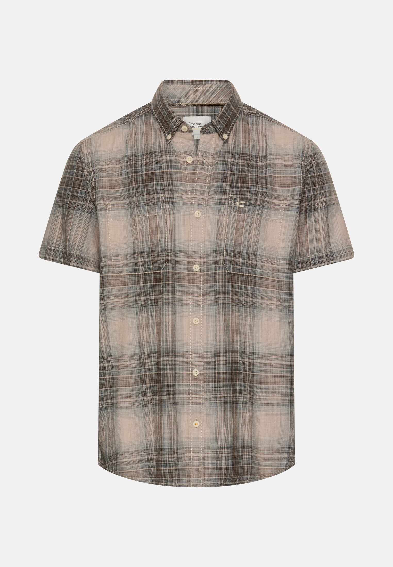 Heren Korte mouwen shirt met borstzakken Slibbruin frontaal voor