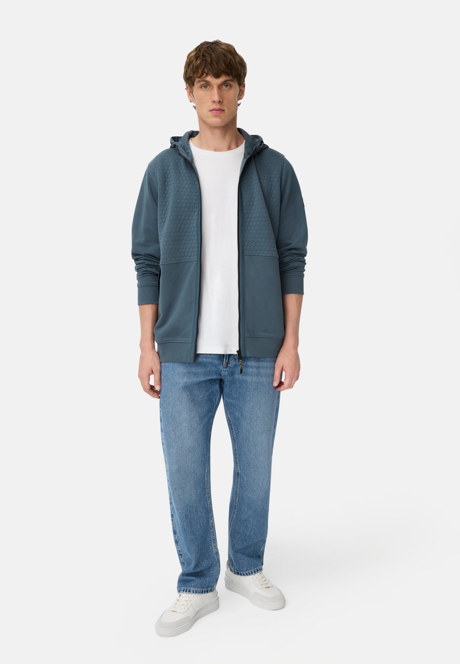 Men Sweat jacket with hood Ink blue worn front full body