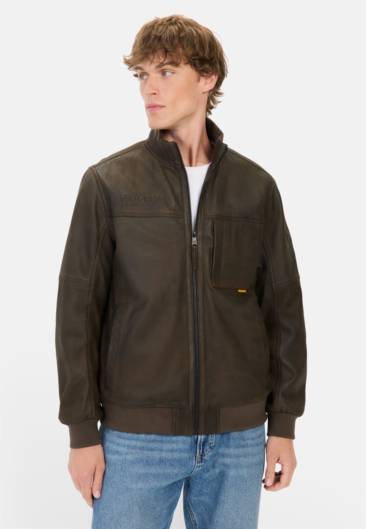 Herren Lederjacke mit Bomberkragen Olive-Braun getragen vorn