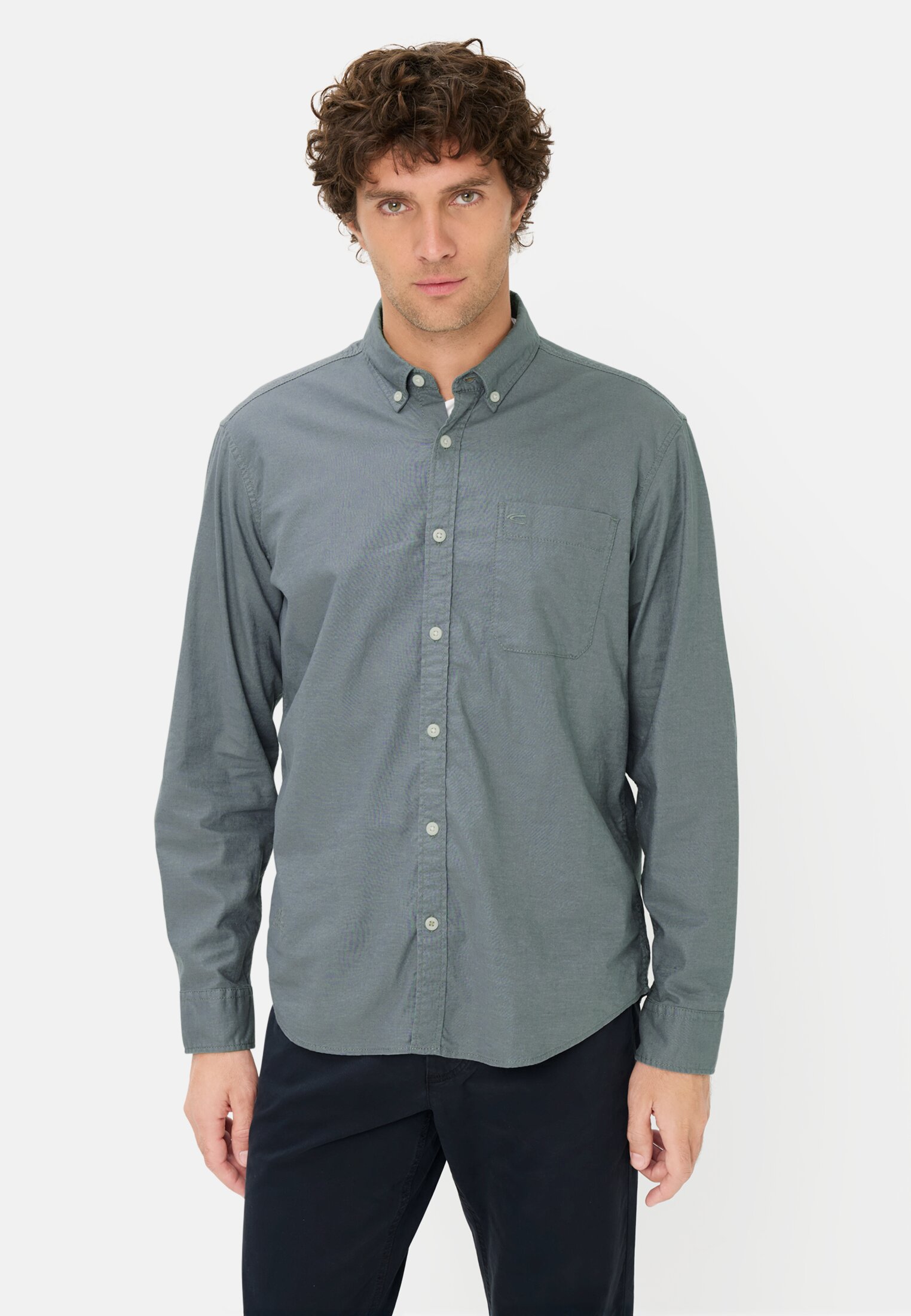 Heren Linnen-katoen mix shirt met lange mouwen Stormblauw gedragen voor