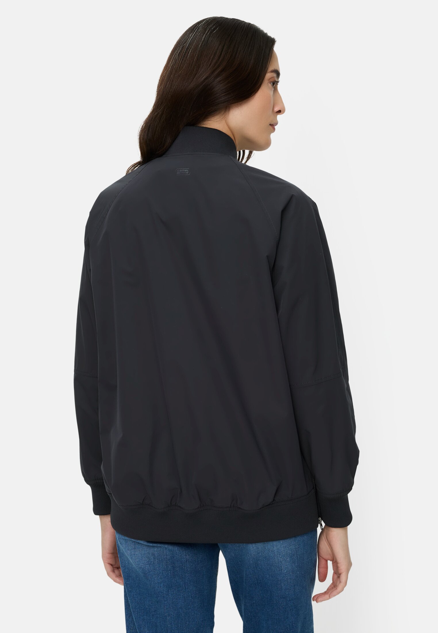 Damen Bomberjacke mit seitlichem Reißverschluss Navyblau getragen hinten