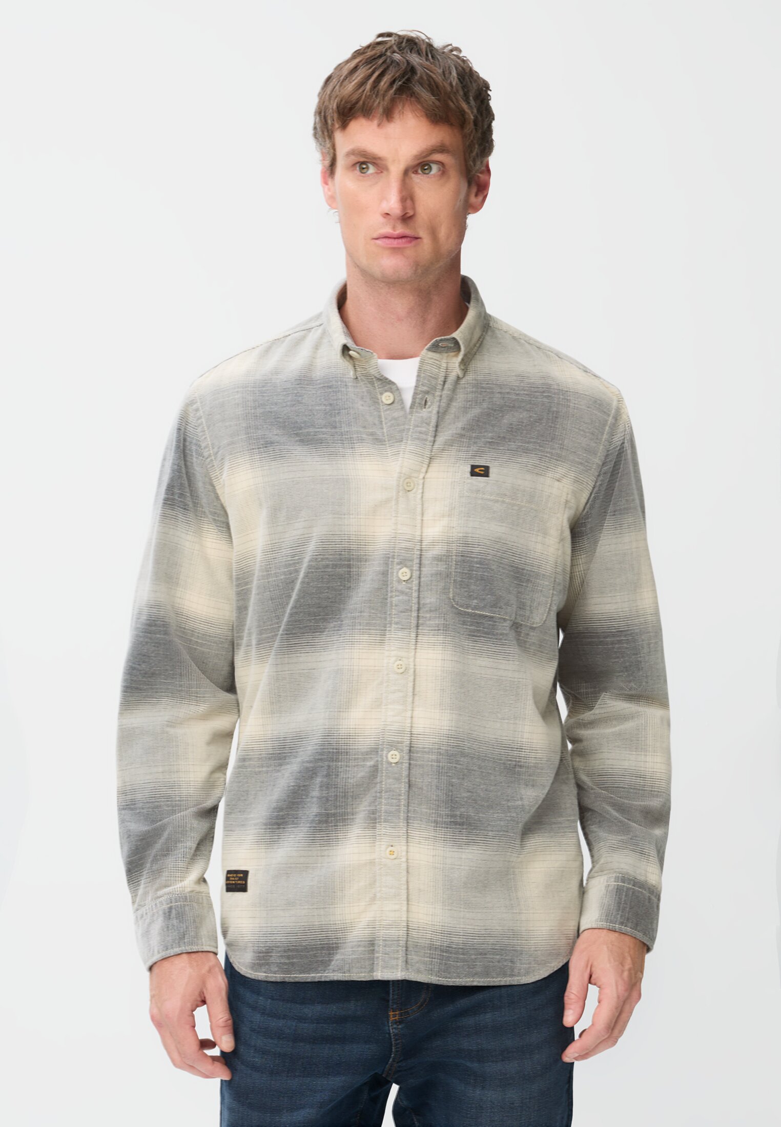 Men Soft corduroy shirt made from 100% cotton Navy blue worn front