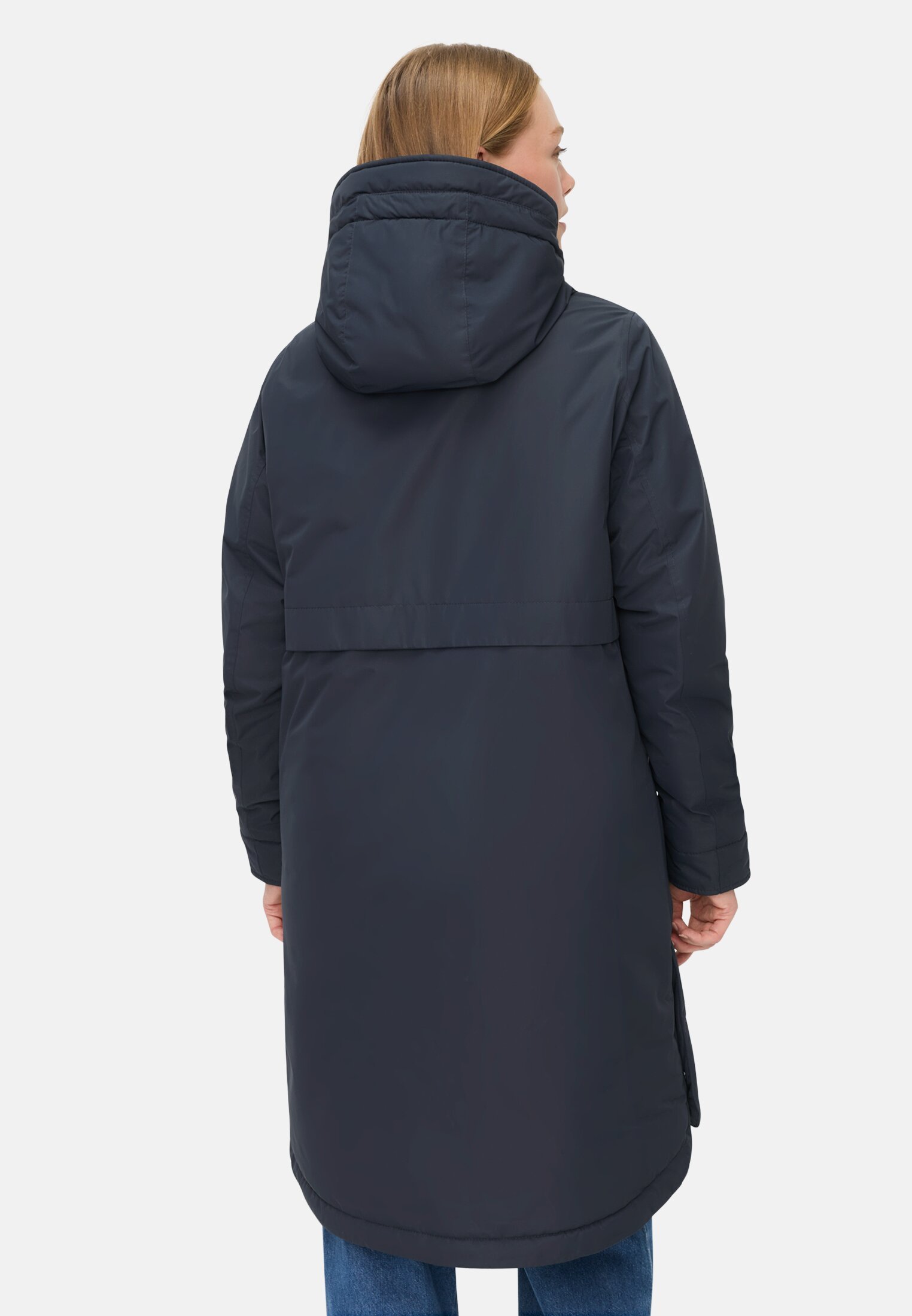 Damen Winterparka mit Kapuze Dunkelblau getragen hinten