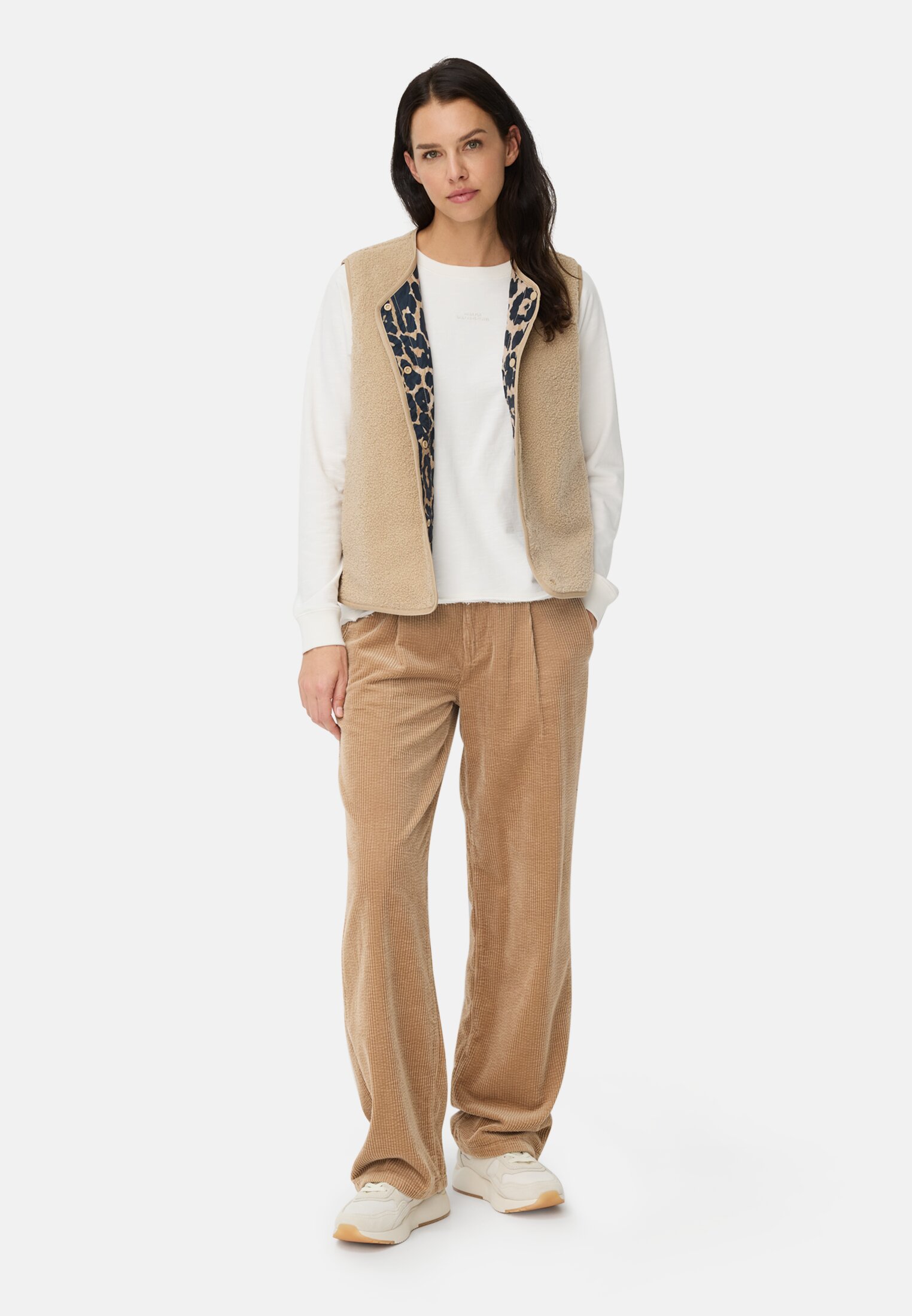 Women Fleece vest with button closure Cashmere worn front full body