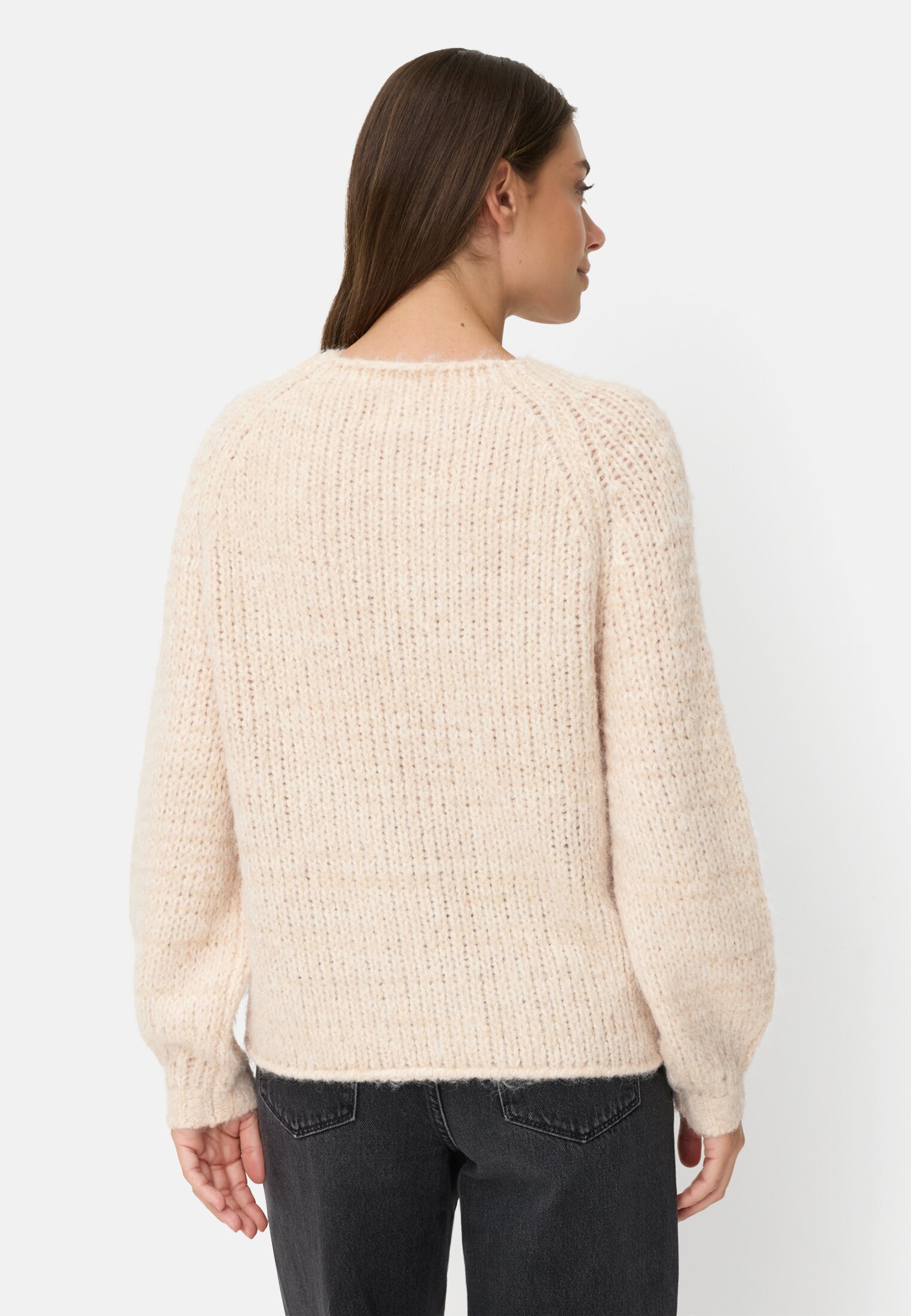 Damen Strickpullover mit weiten Ärmeln Hafer getragen hinten