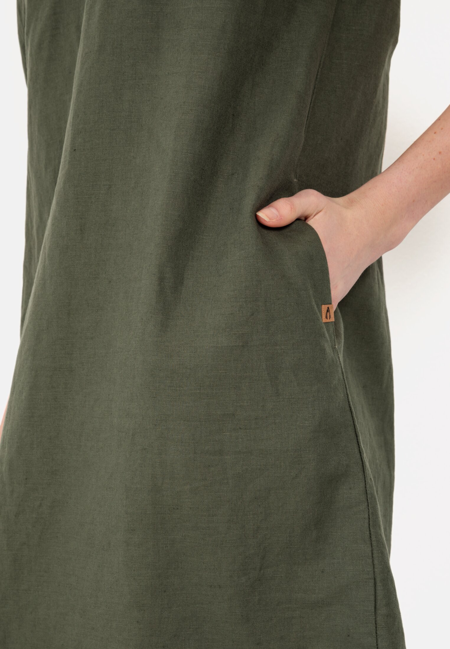 Women Slip dress in a summery linen blend Olive Green worn detail close