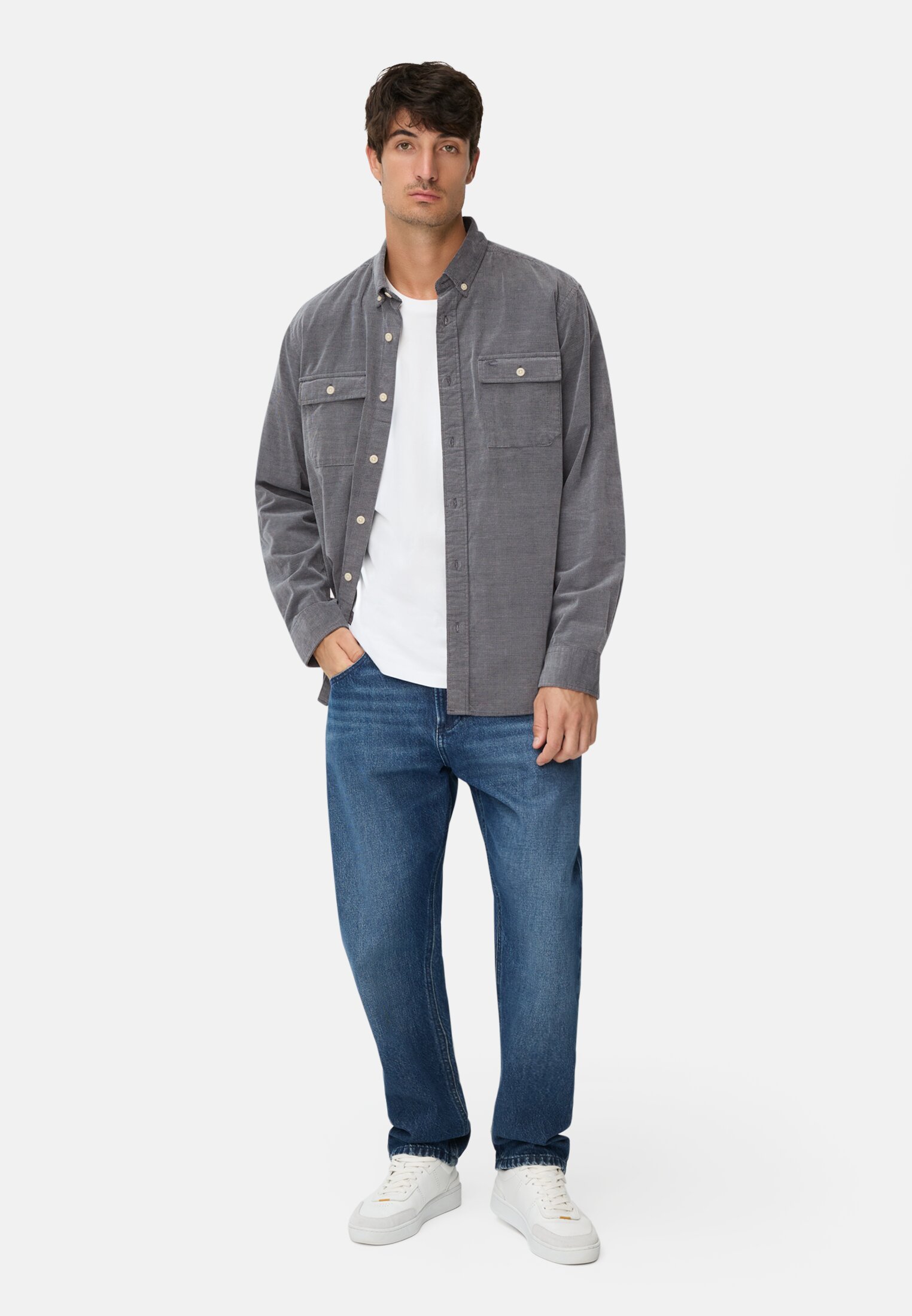 Men Long-sleeved shirt with patch pockets Ink blue worn front full body