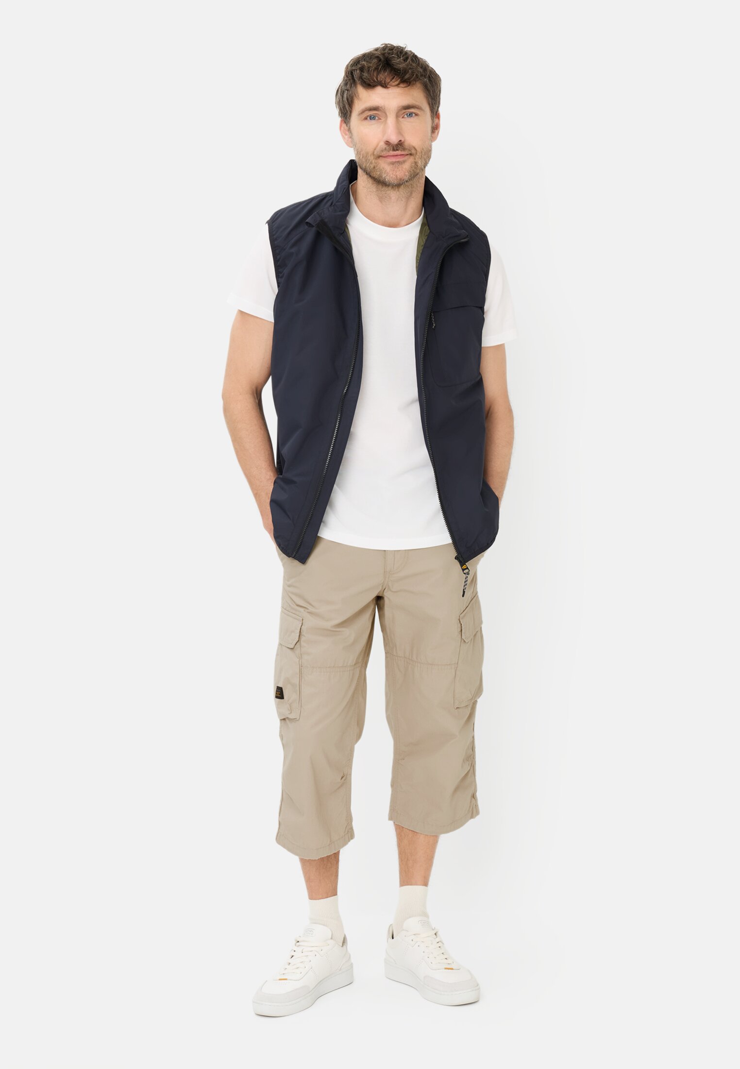 Men Cargo shorts made from pure cotton Beige worn front full body