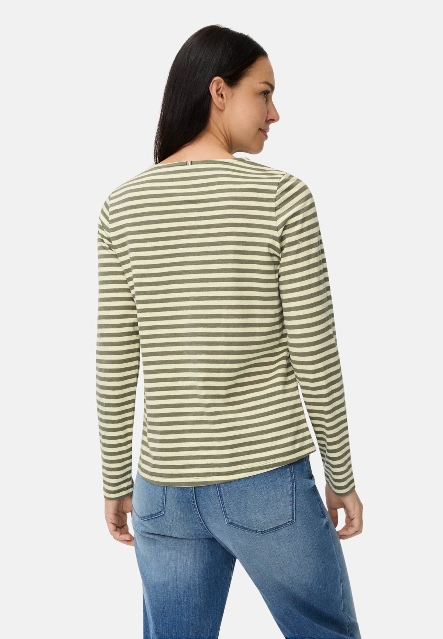 Damen Langarmshirt aus reiner Baumwolle Graugrün getragen hinten