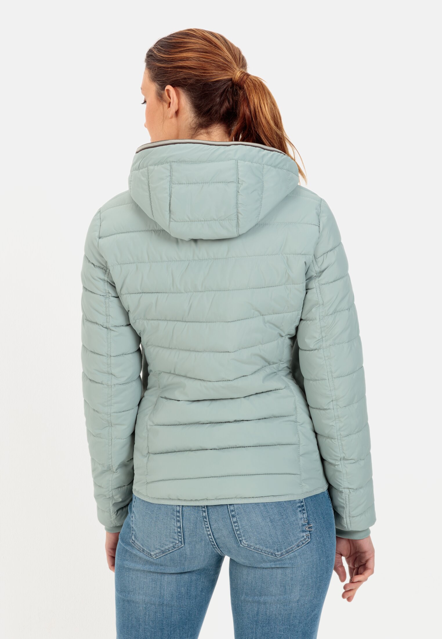 Women Quilted jacket with detachable hood Green Grey worn back