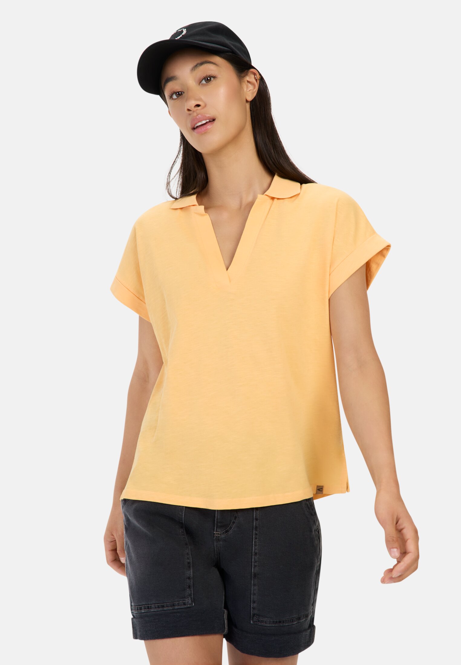 Women Short-sleeved shirt with polo collar Orange worn front