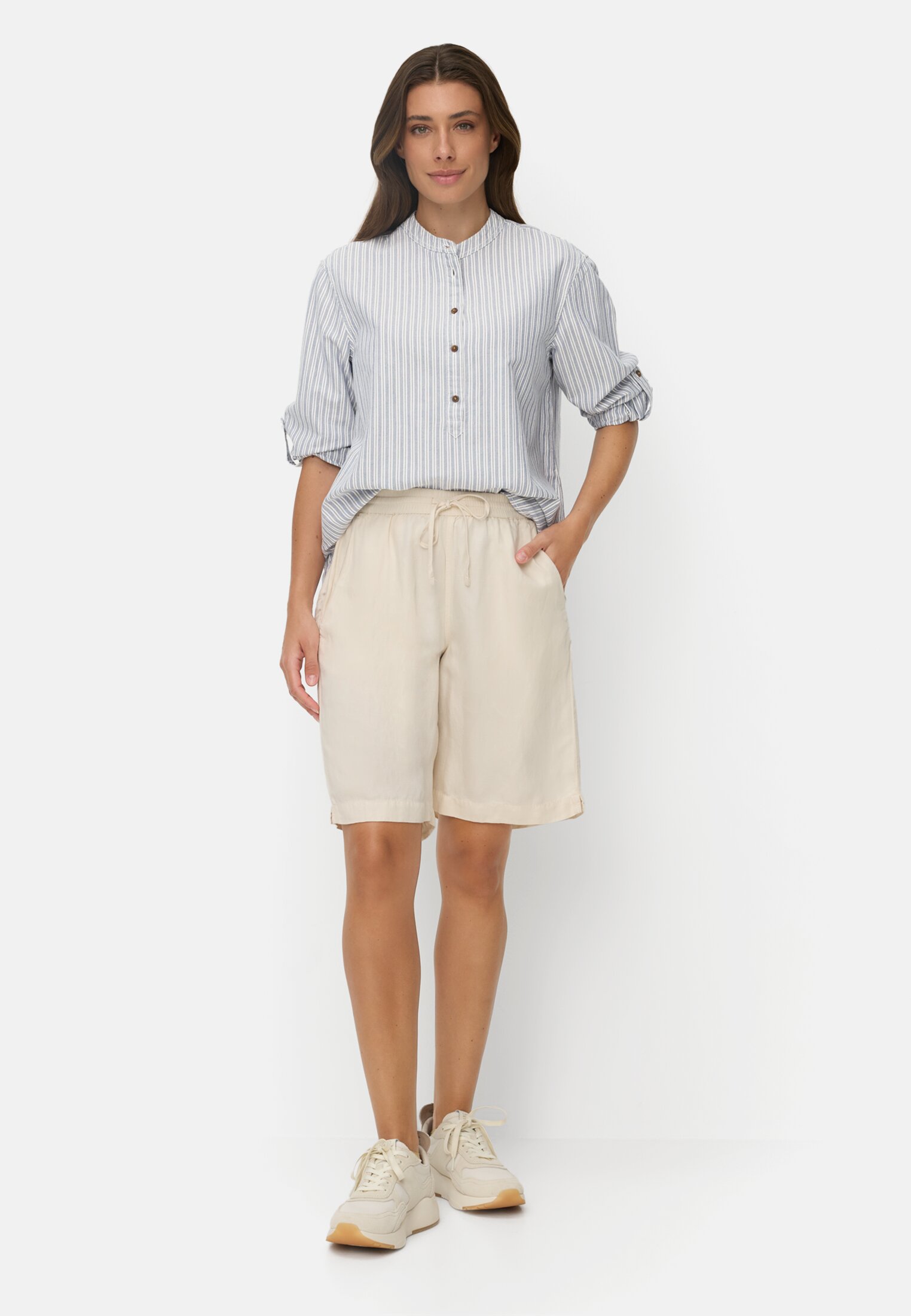 Women Cotton blouse with button placket Blue-White worn front full body