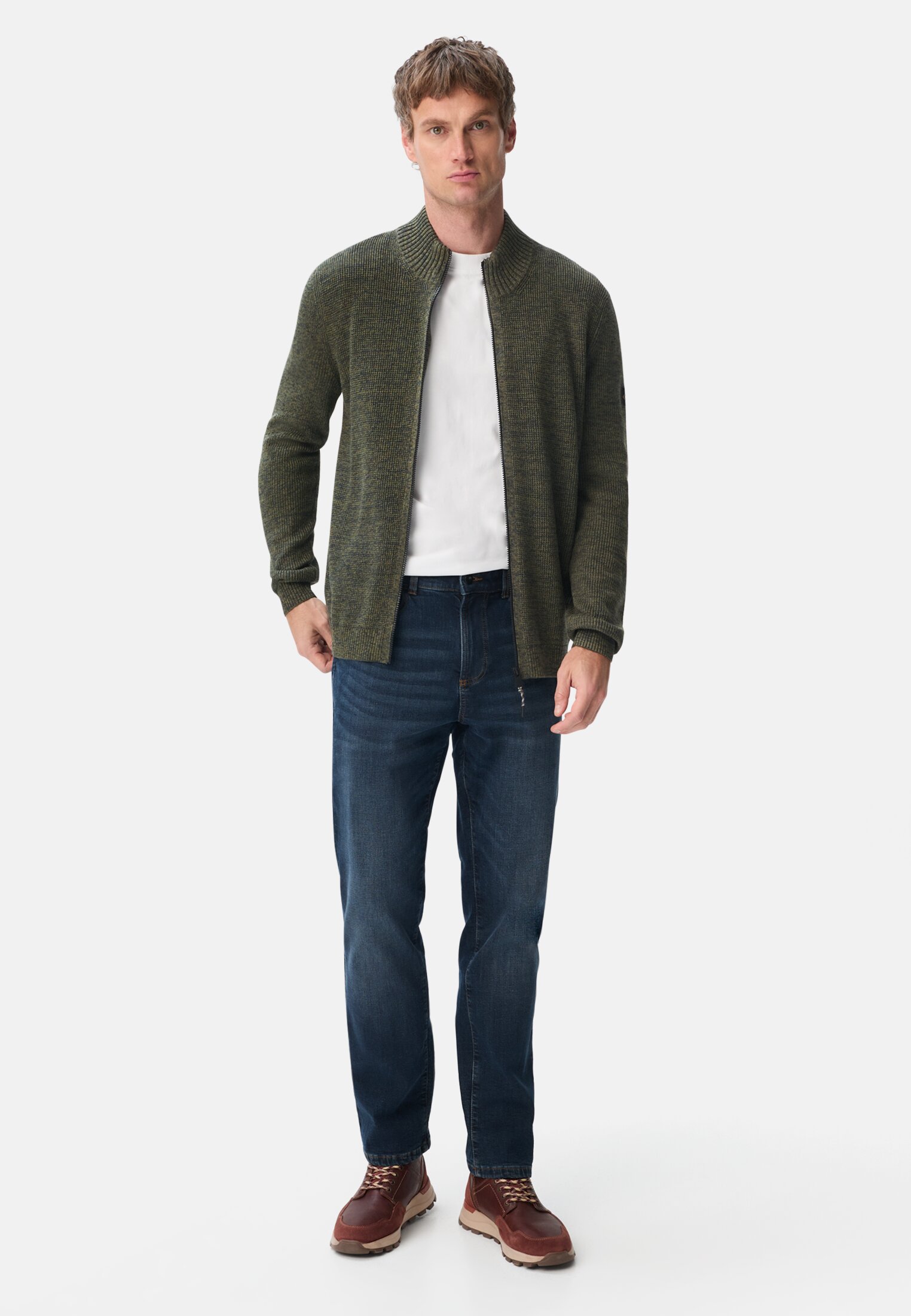Men Chunky Cardigan made of Cotton Blend Olive green worn front full body