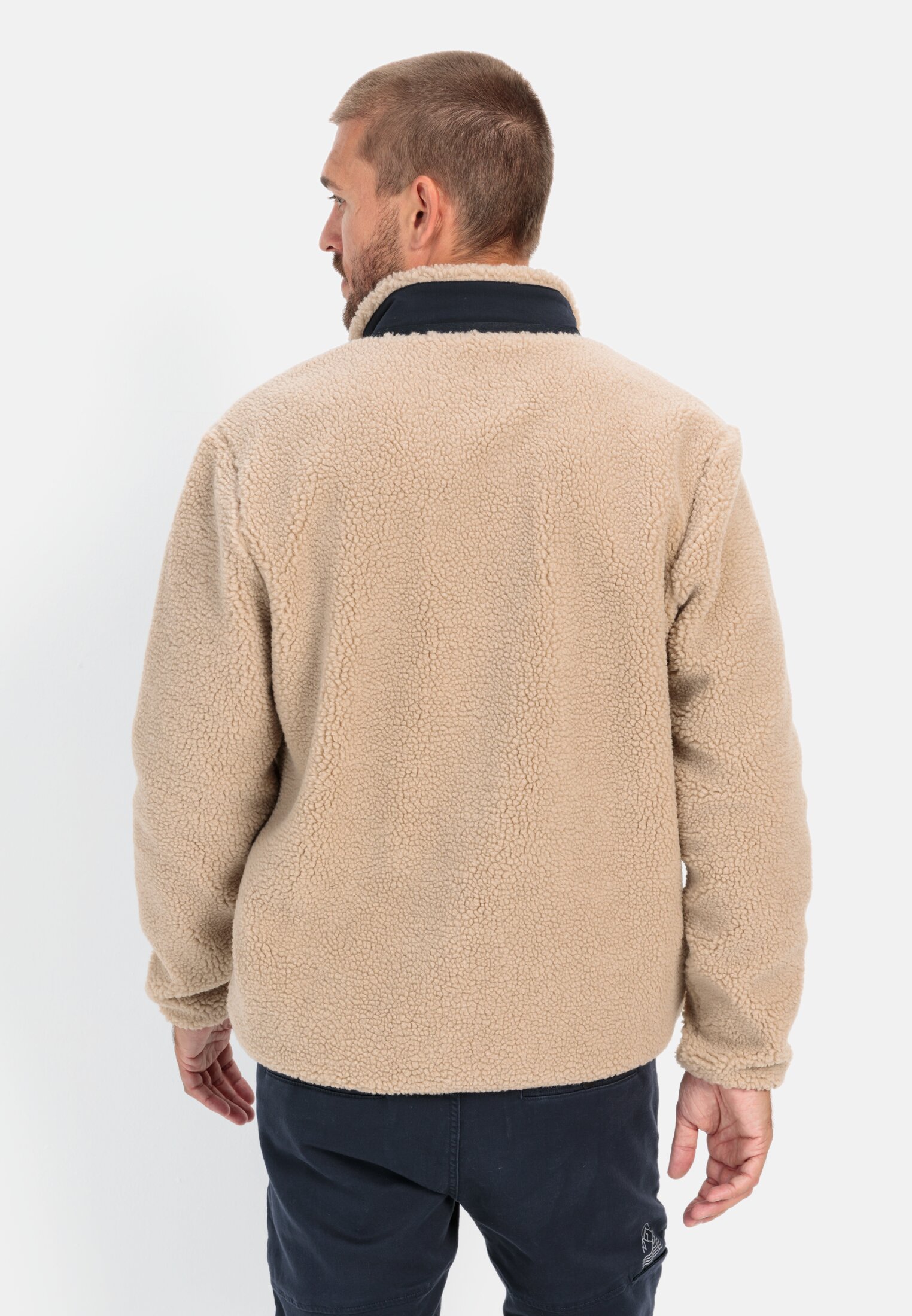 Men Fleece overshirt with stand-up collar Beige worn back