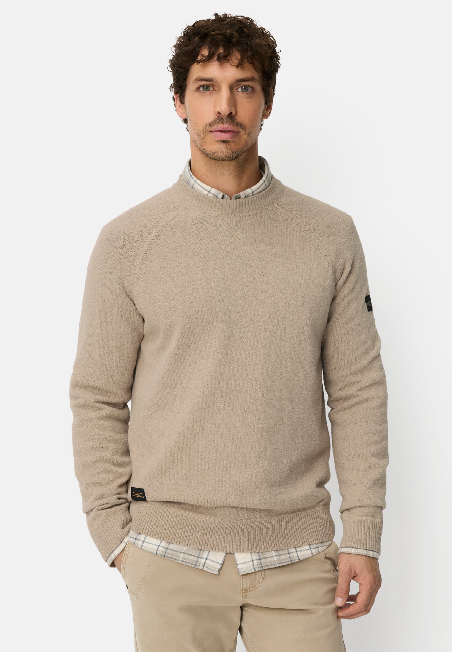 Herren Strickpullover mit Rundhalsausschnitt Beige getragen vorn