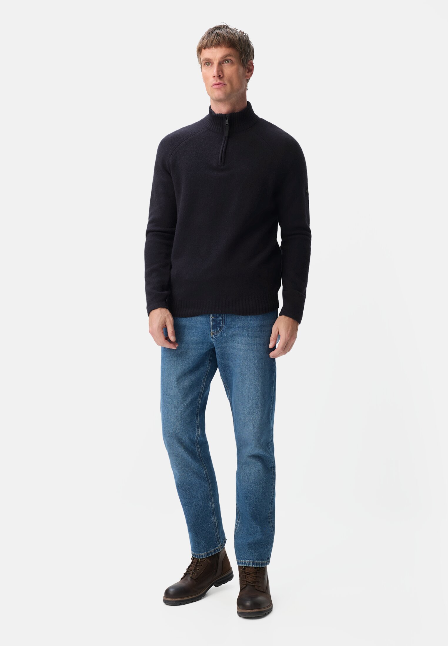 Men Lightweight sweater with step collar and zipper Navy blue worn front full body