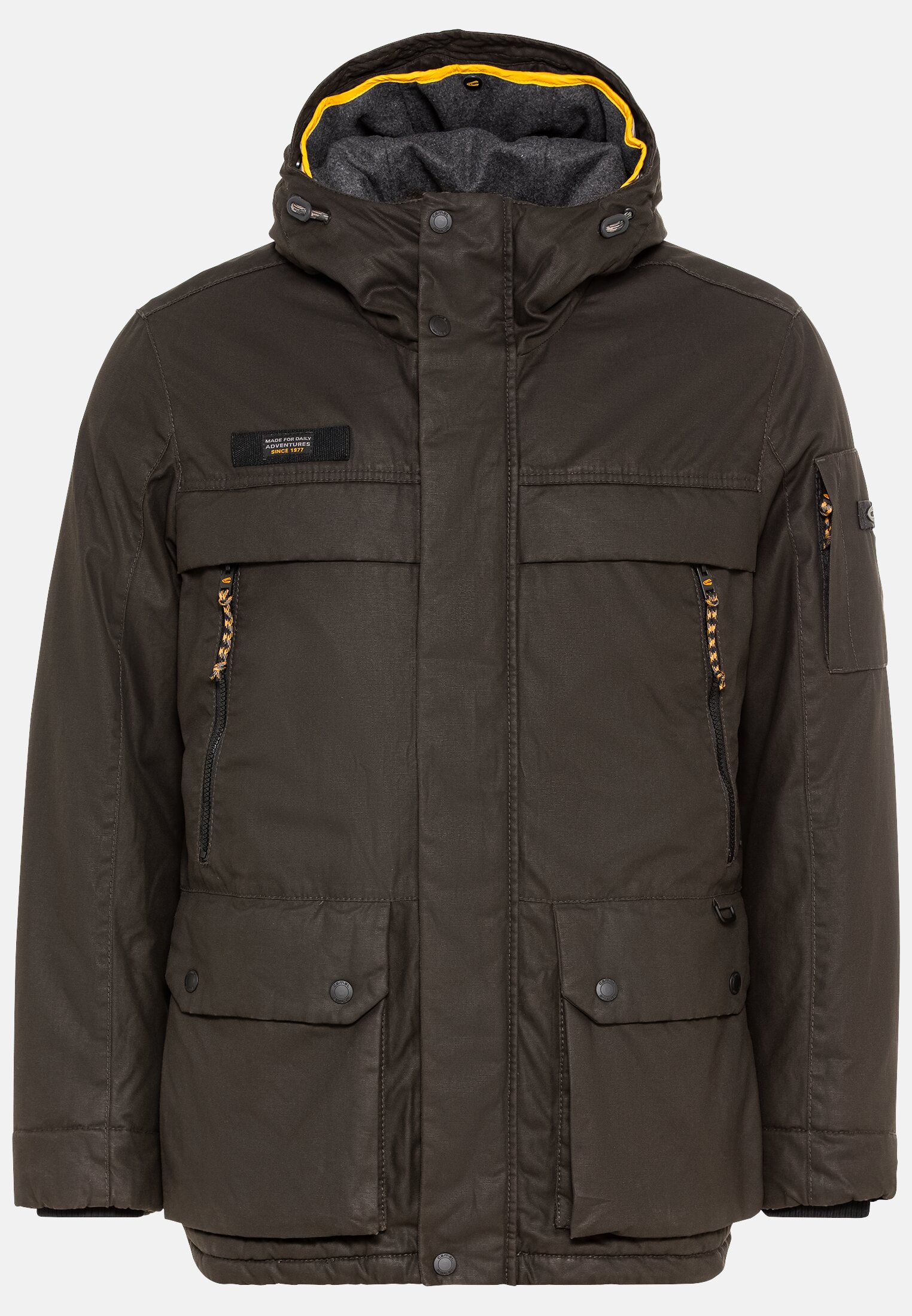 Herren Jacke aus gewachstem Canvas mit Kapuze Braun frontal vorn