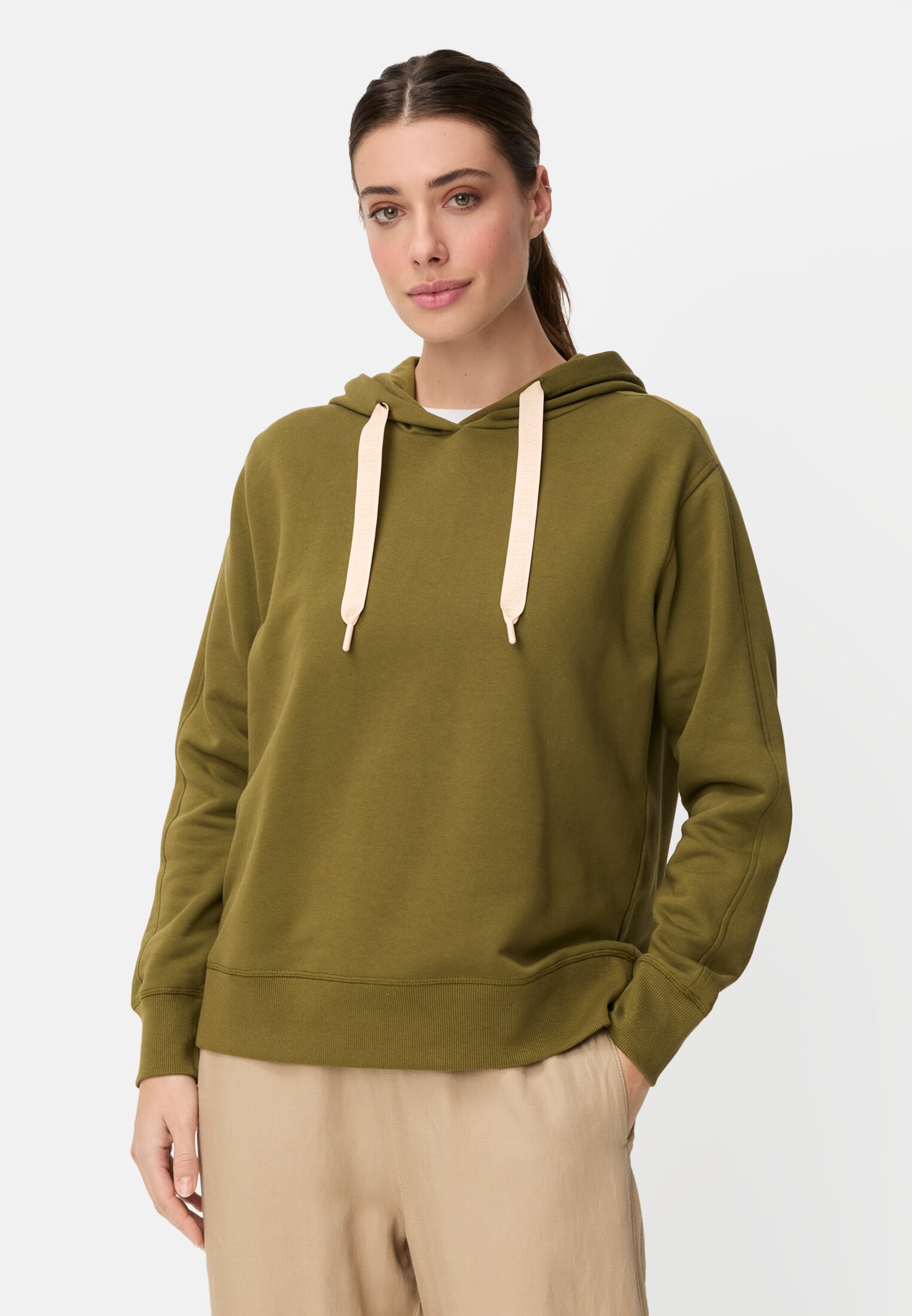 Women Hoodie made of pure cotton Olive worn front