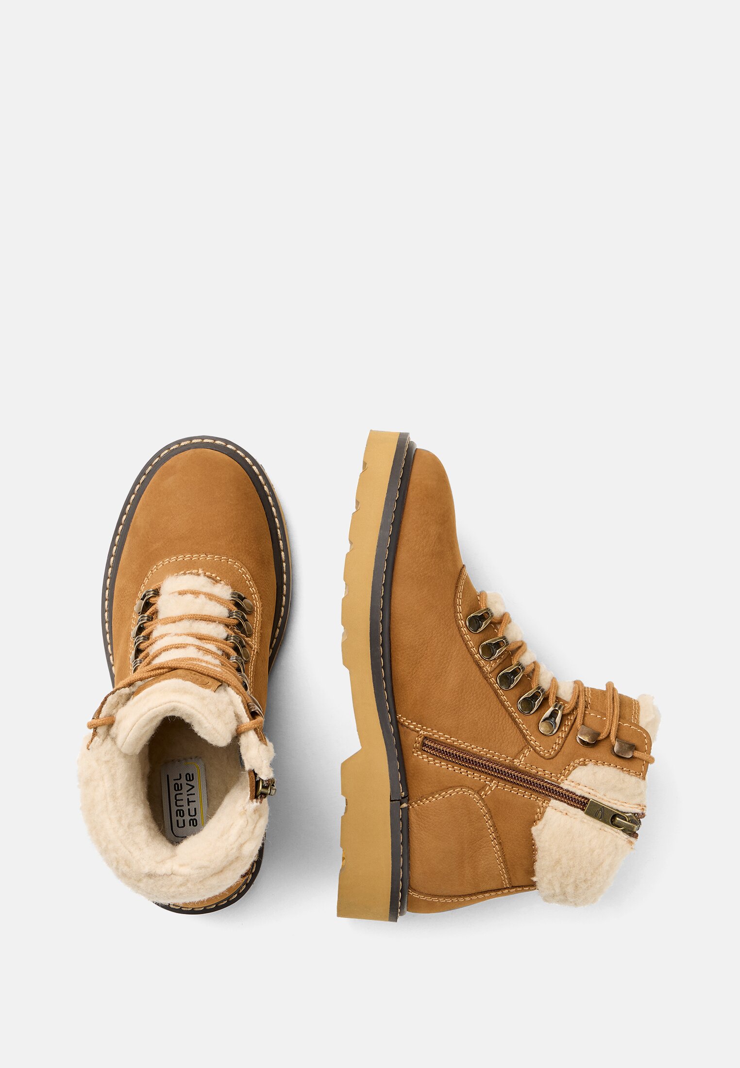 Women Lace up boot with warm sheep wool lining Cognac frontal top