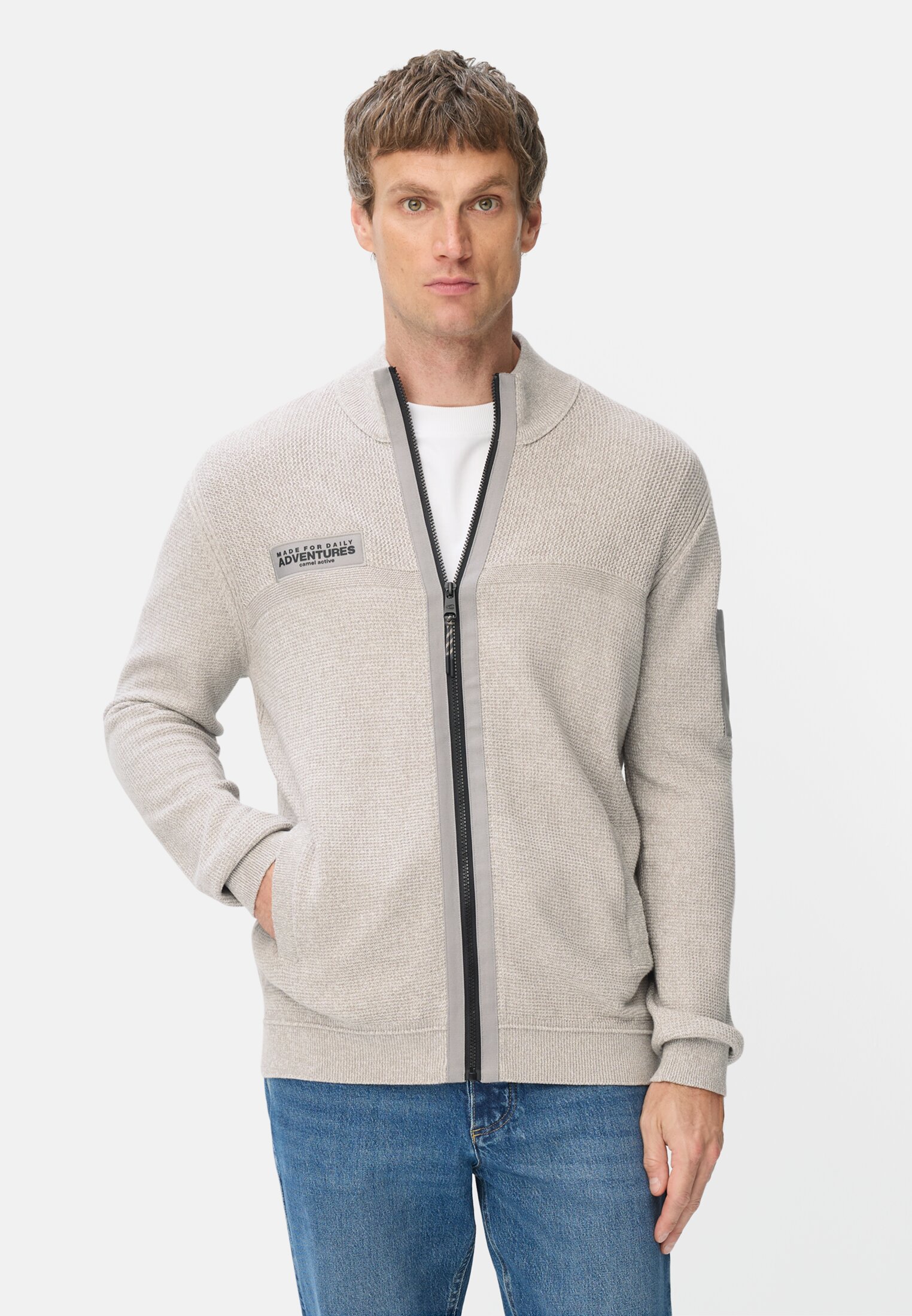 Men Cardigan with contrast details and stand-up collar Grey worn front
