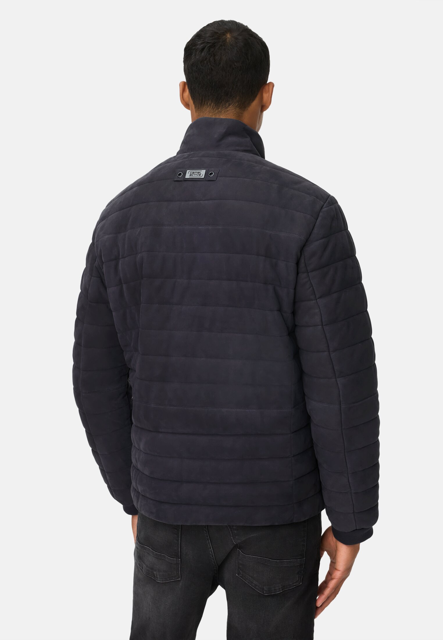 Men Leather jacket with stand-up collar and chest pocket Navy blue worn back