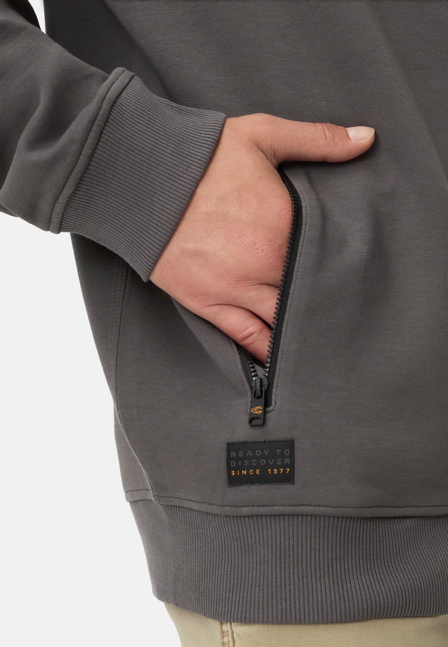 Men fleXXXactive® Sweat Jacket made from scuba jersey Graphite grey worn detail close