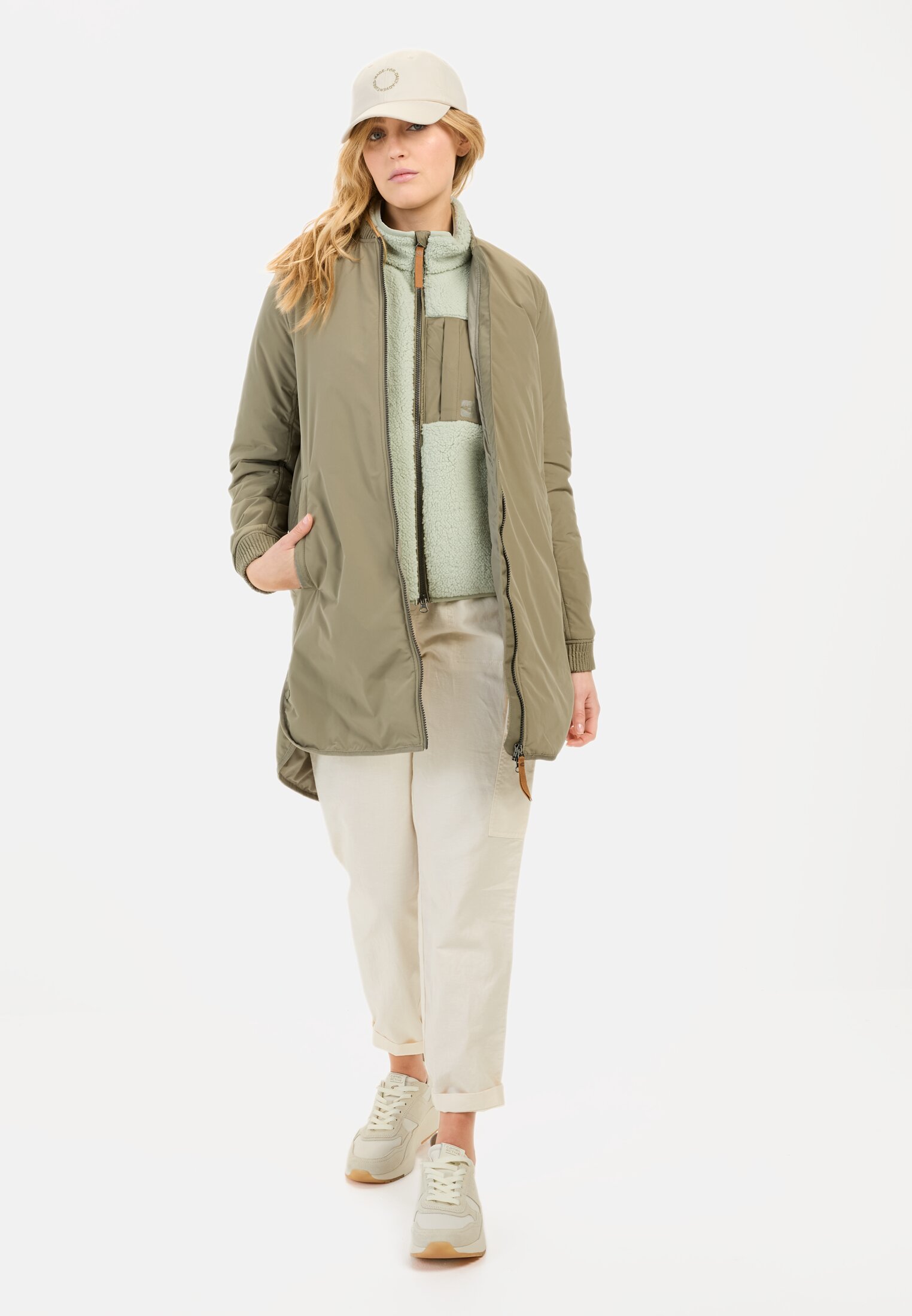 Women Recycled polyester coat Sage worn front full body