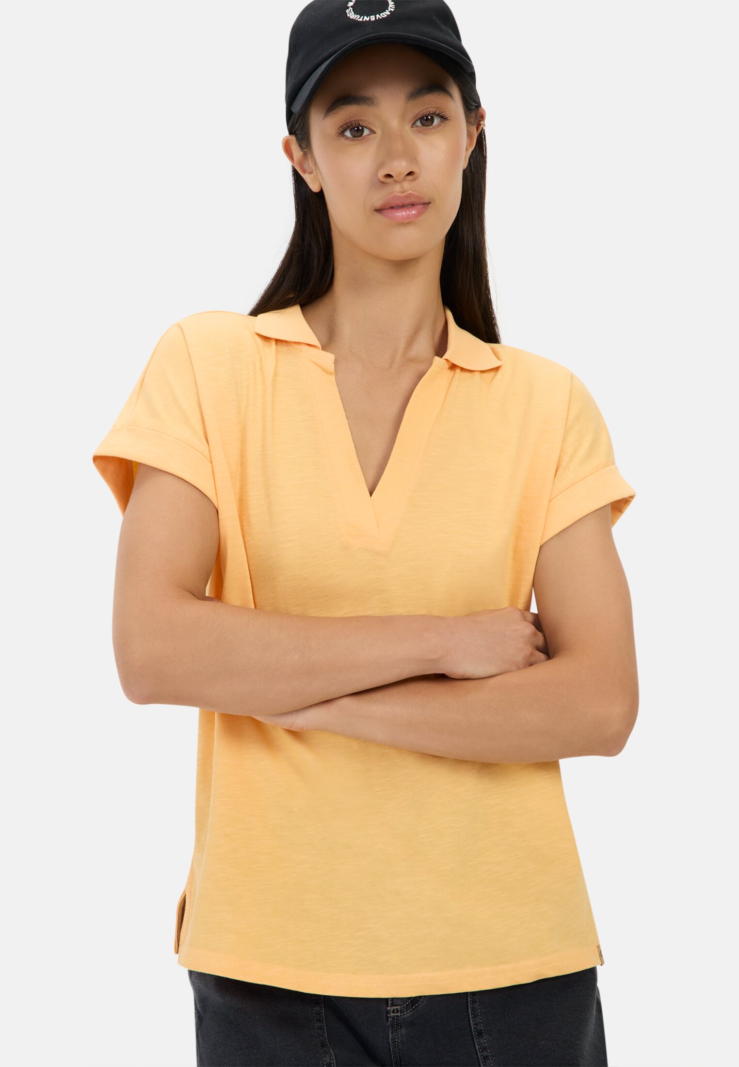 Women Short-sleeved shirt with polo collar Orange worn emotional