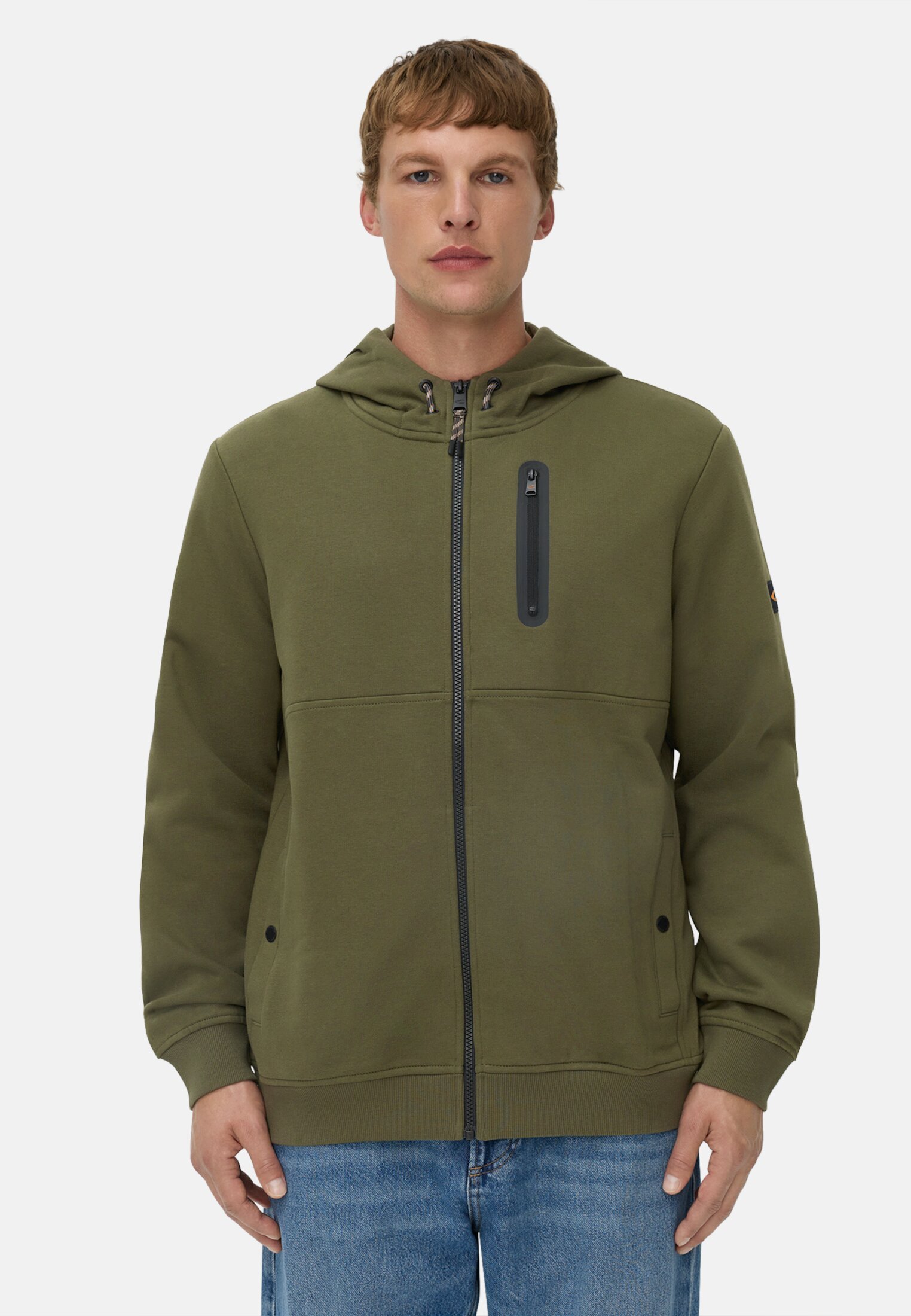Herren Sweatjacke mit Kapuze Waldgrün getragen vorn