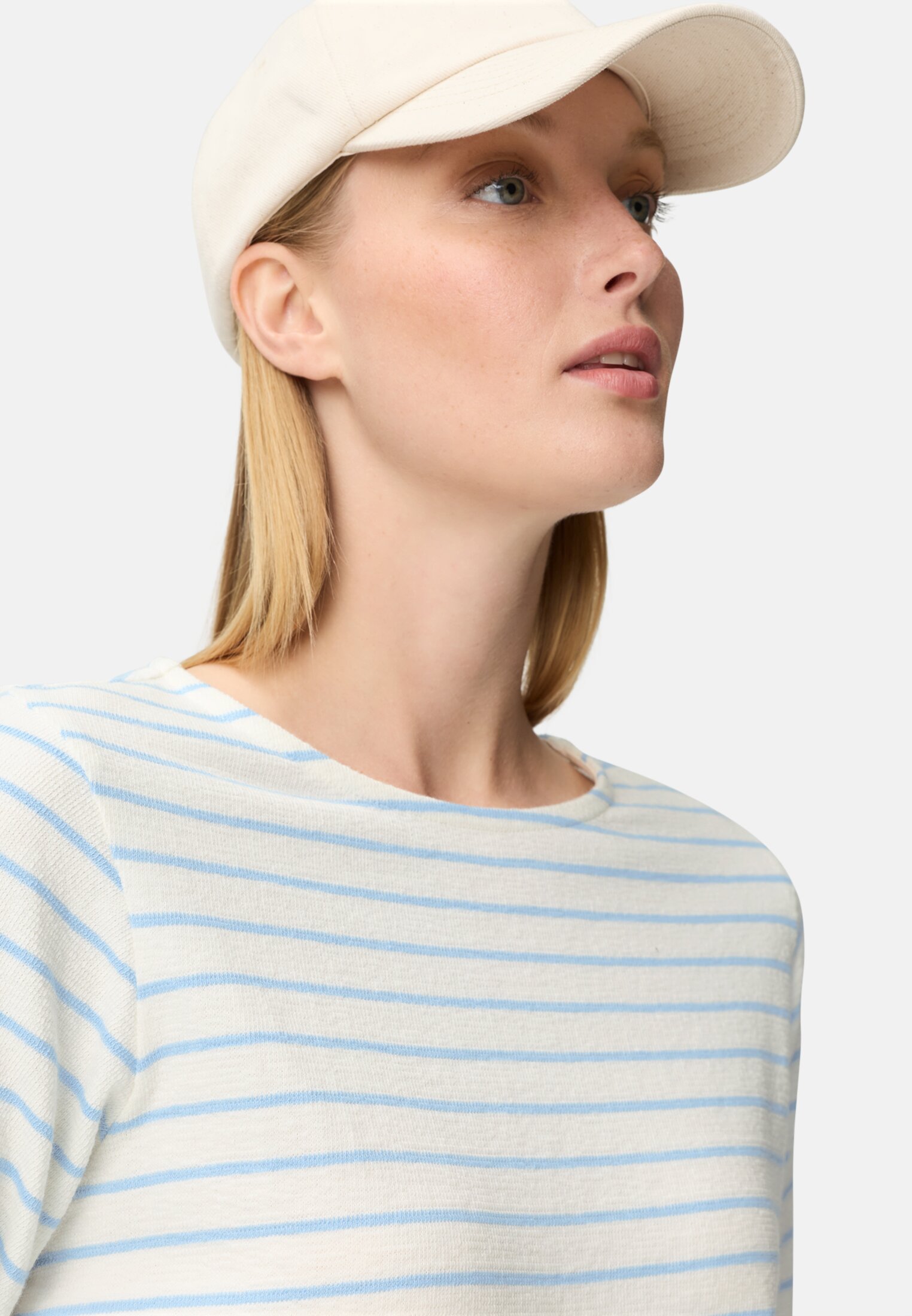 Vrouwen Lange mouwen T-shirt van puur katoen Lichtblauw gedragen detail dichtbij
