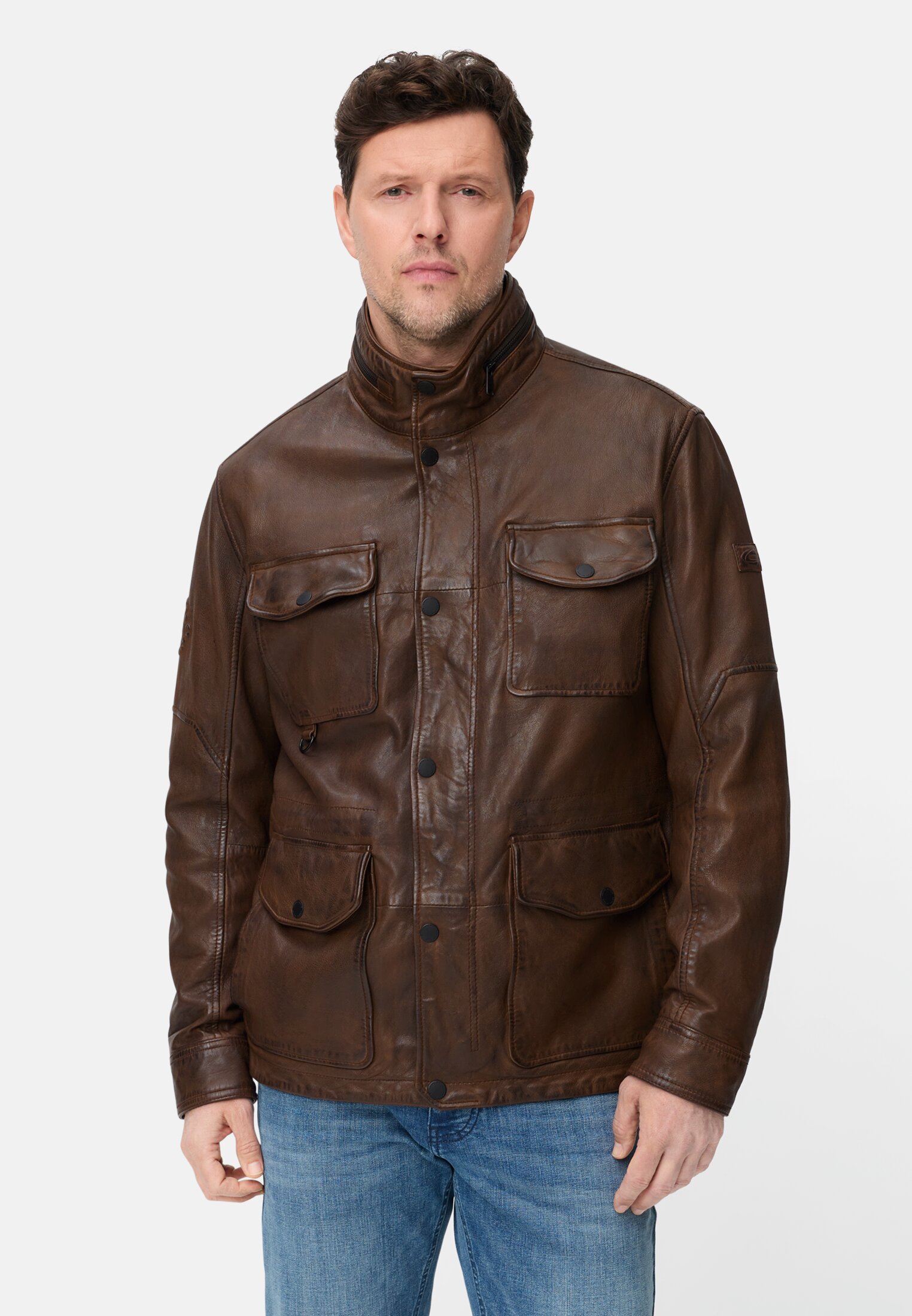 Men Leather jacket with inner pockets Brown worn front