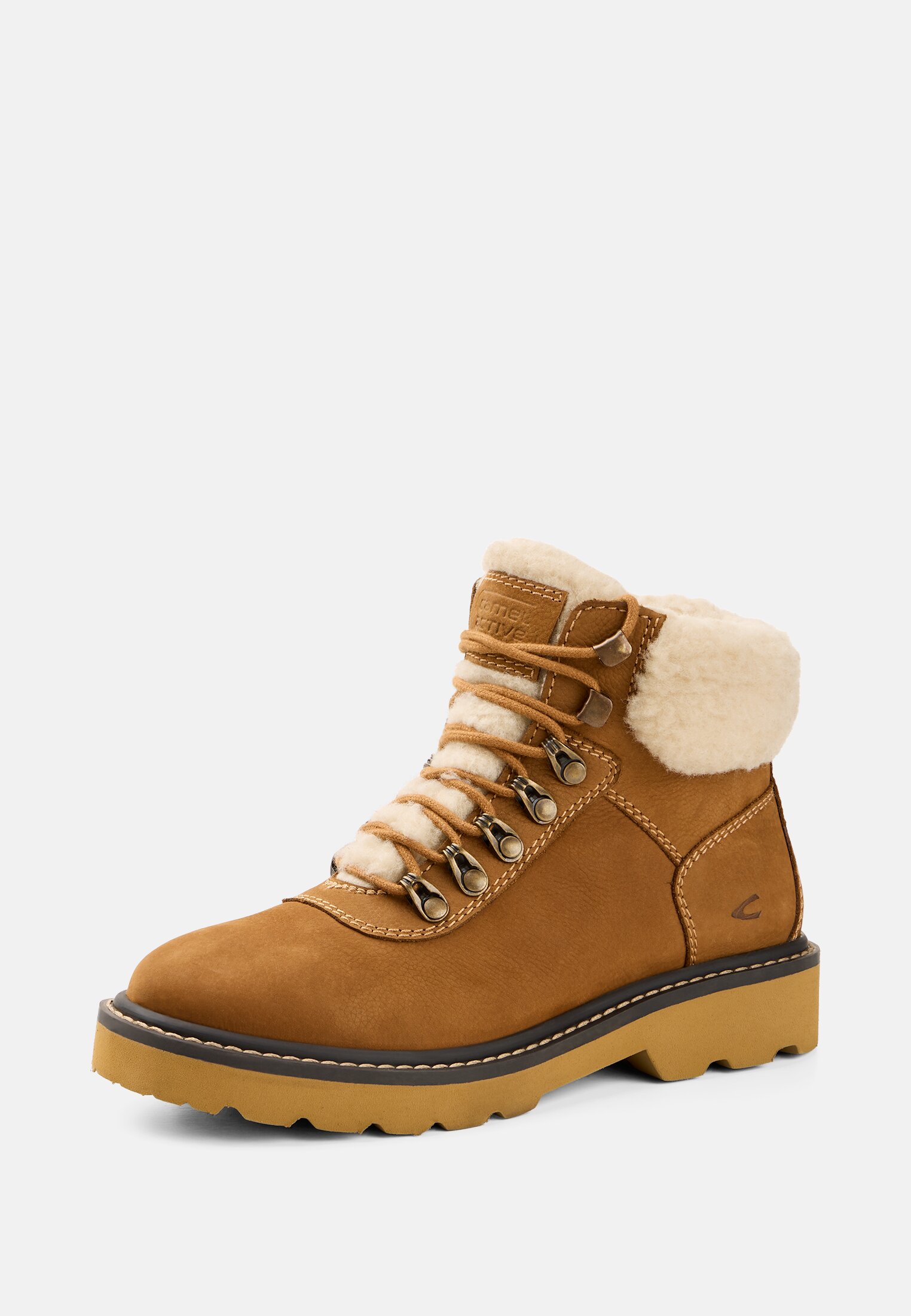 Women Lace up boot with warm sheep wool lining Cognac frontal back