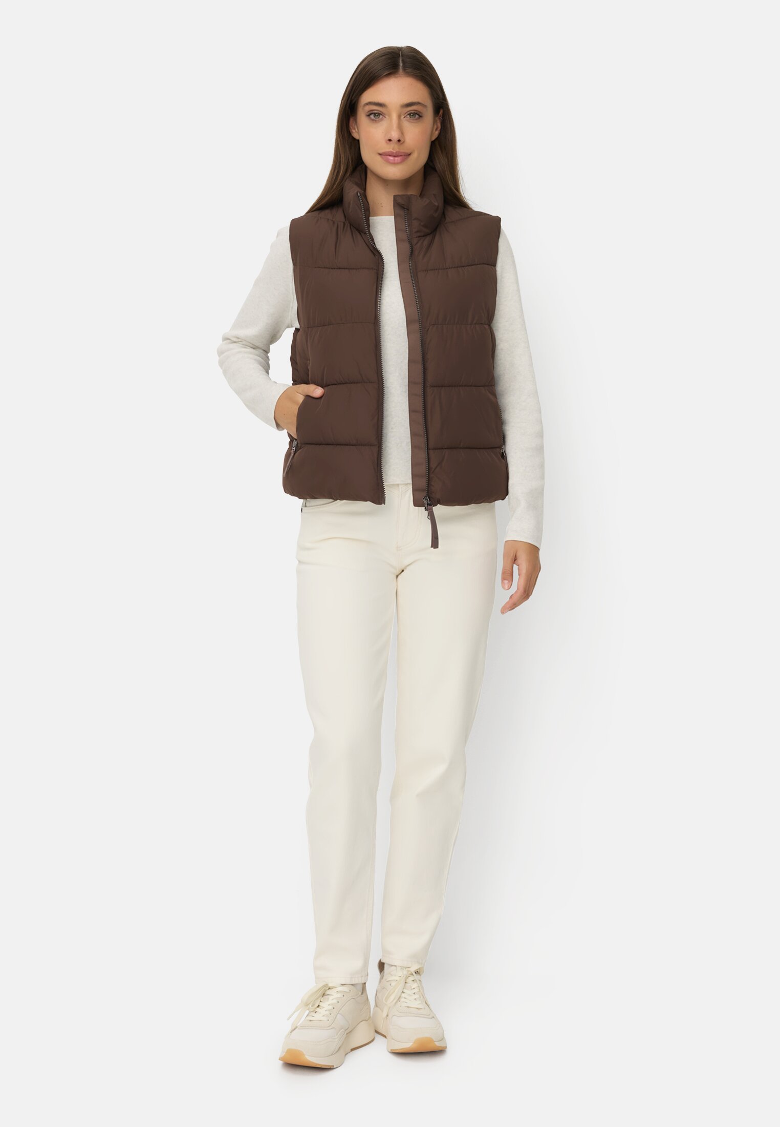 Vrouwen Winddichte bodywarmer met ritszakken Bruin gedragen voor lichaam compleet