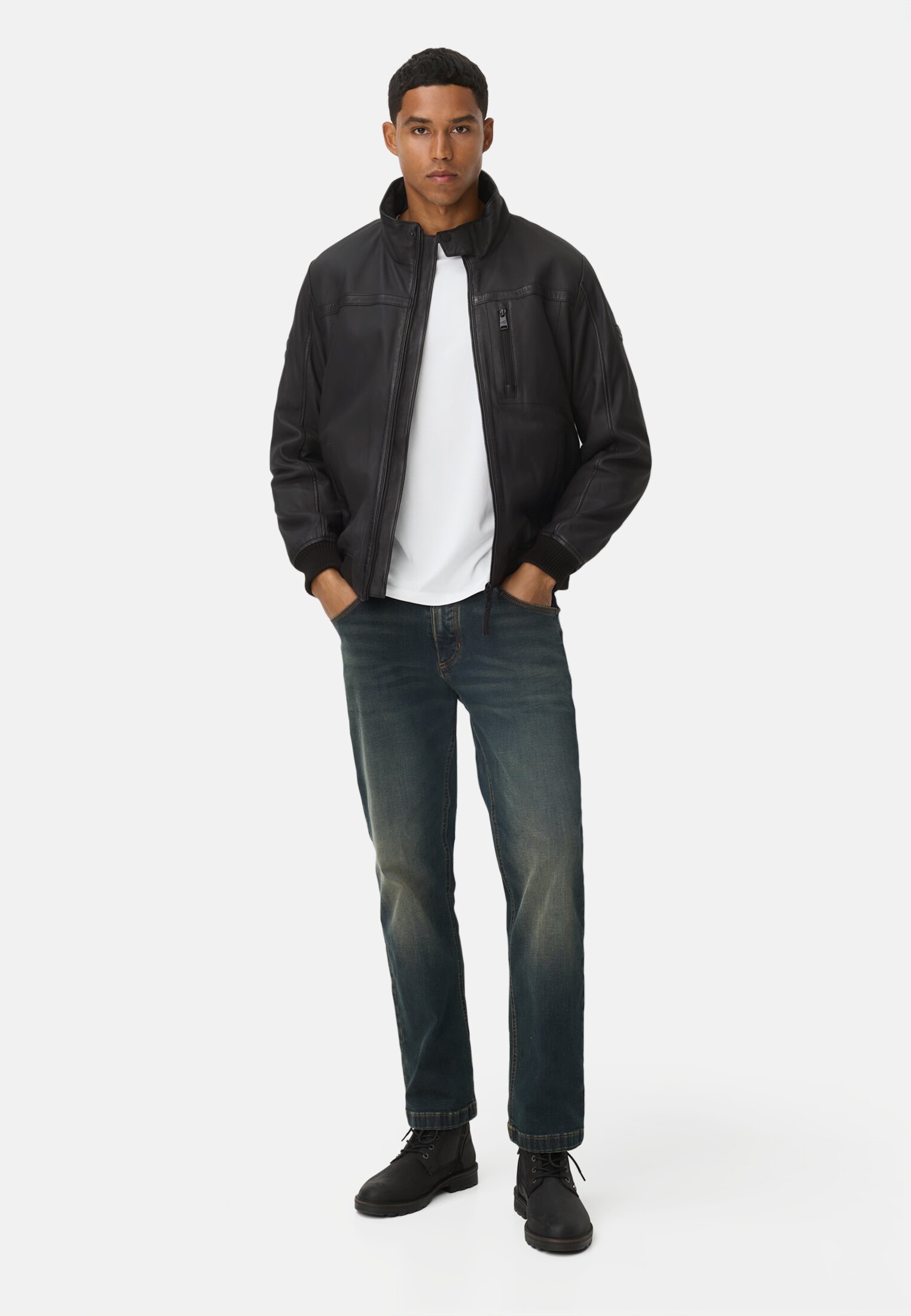 Men Leather jacket with stand-up collar Black worn front full body
