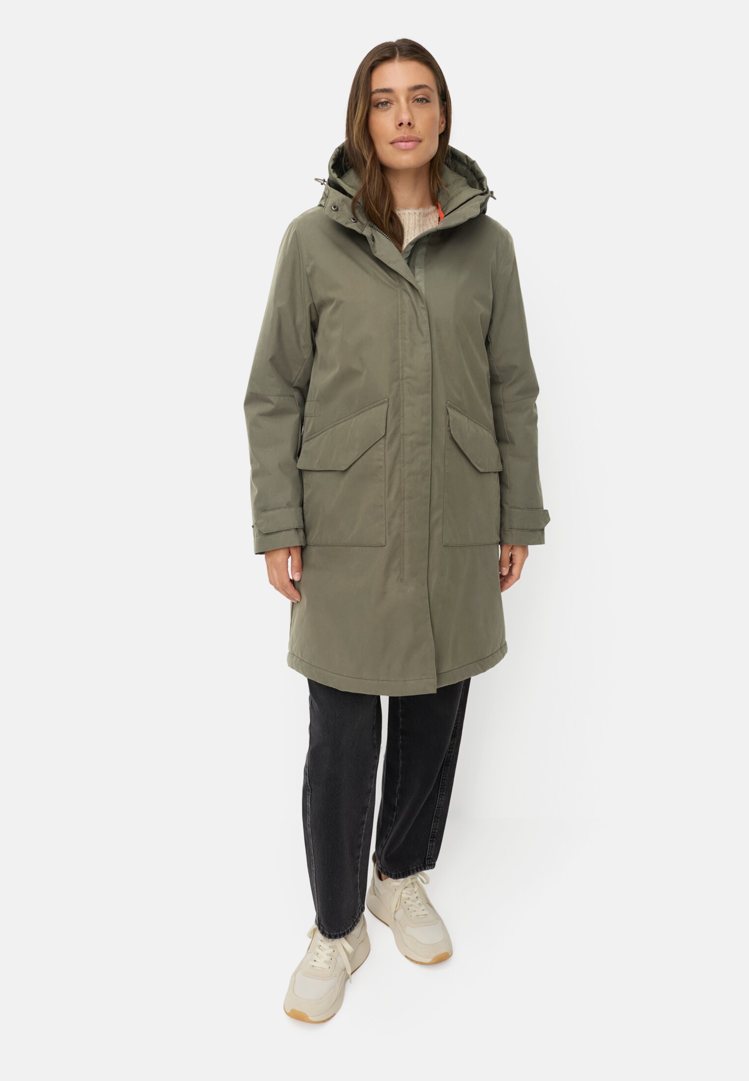 Vrouwen Waterafstotende parka met 2-wegs ritssluiting Donkergroen gedragen voor lichaam compleet